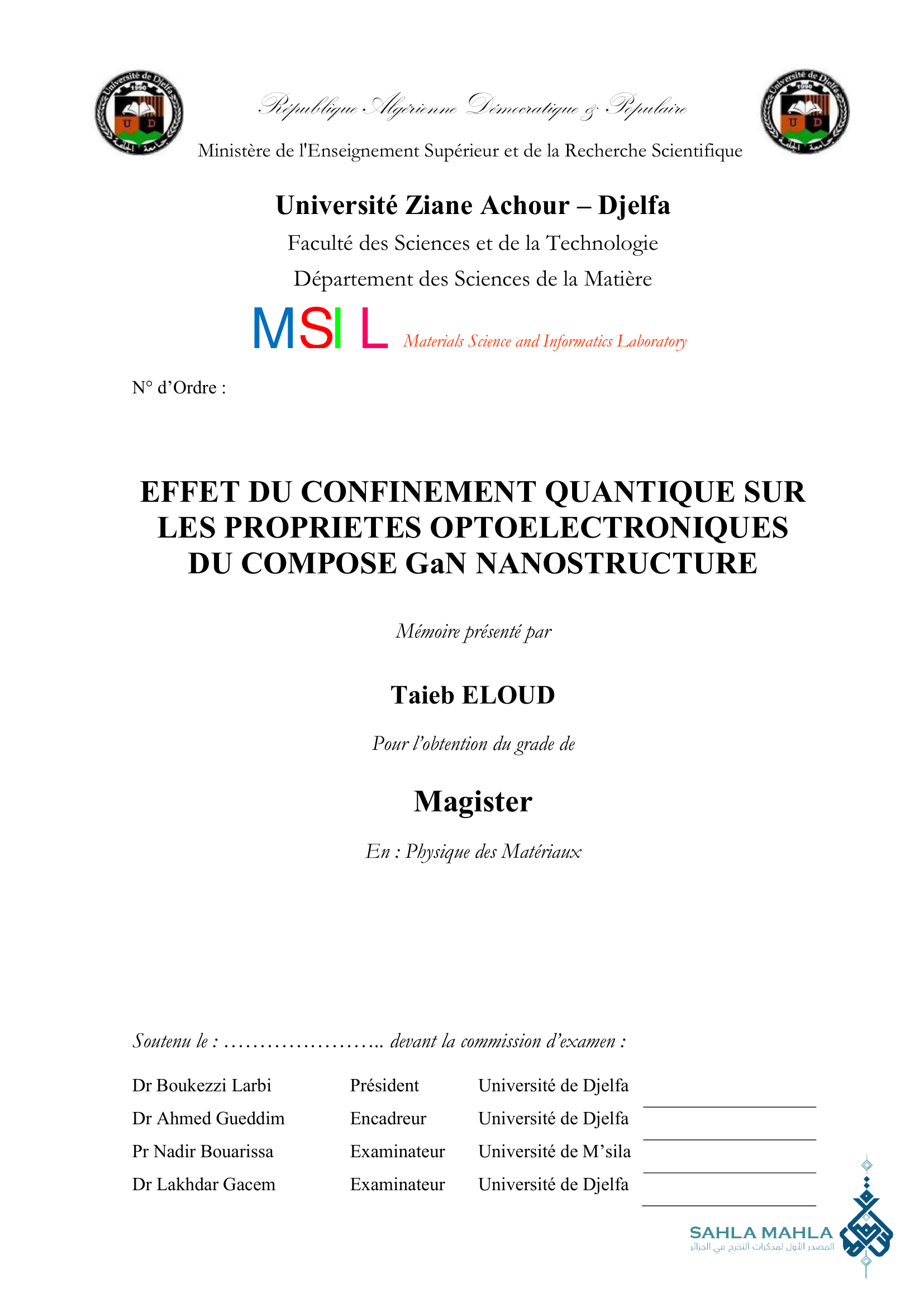 EFFET DU CONFINEMENT QUANTIQUE SUR LES PROPRIETES OPTOELECTRONIQUES DU COMPOSE GaN NANOSTRUCTURE