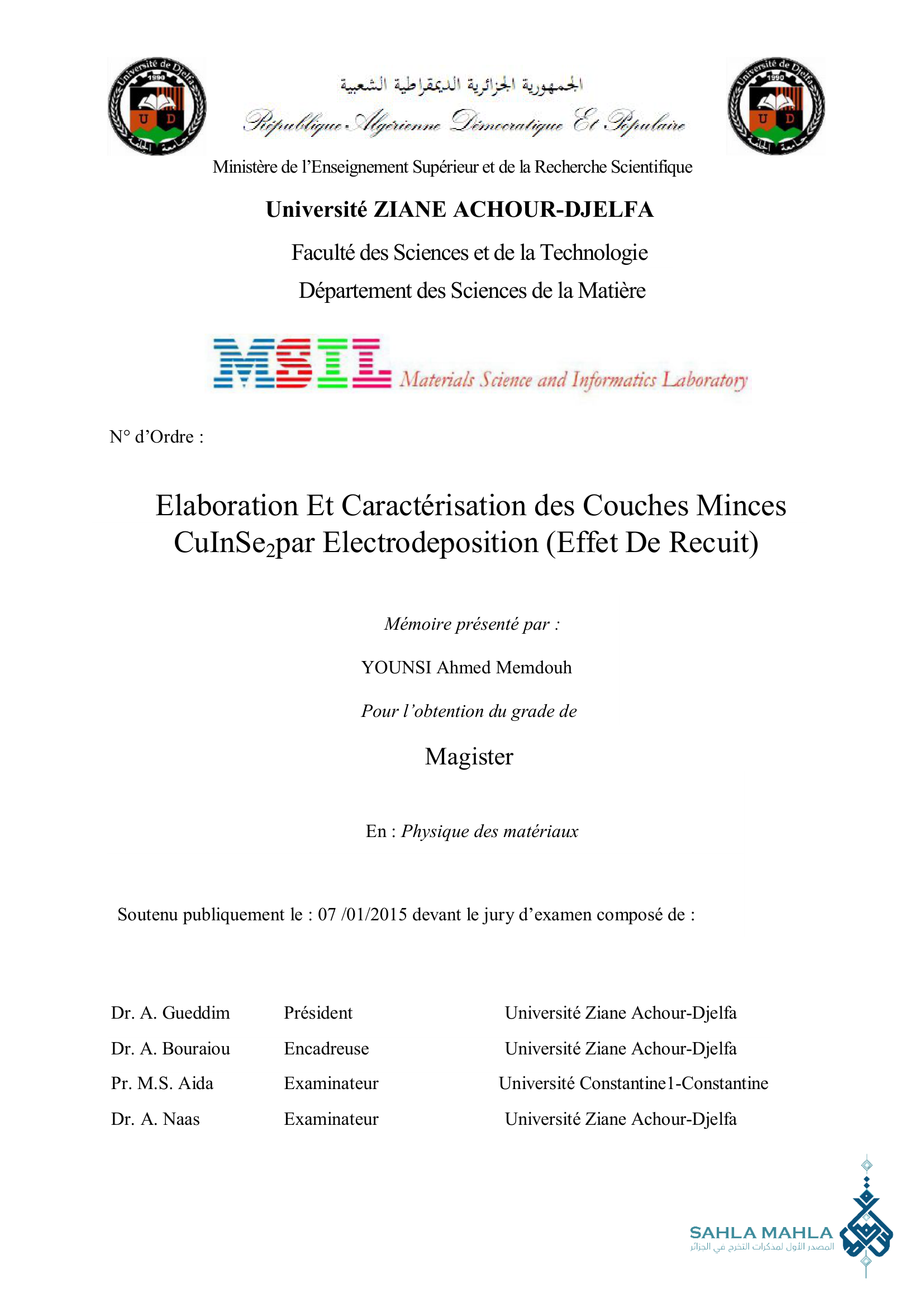 Elaboration Et Caractérisation des Couches Minces CuInSe2par Electrodeposition (Effet De Recuit)