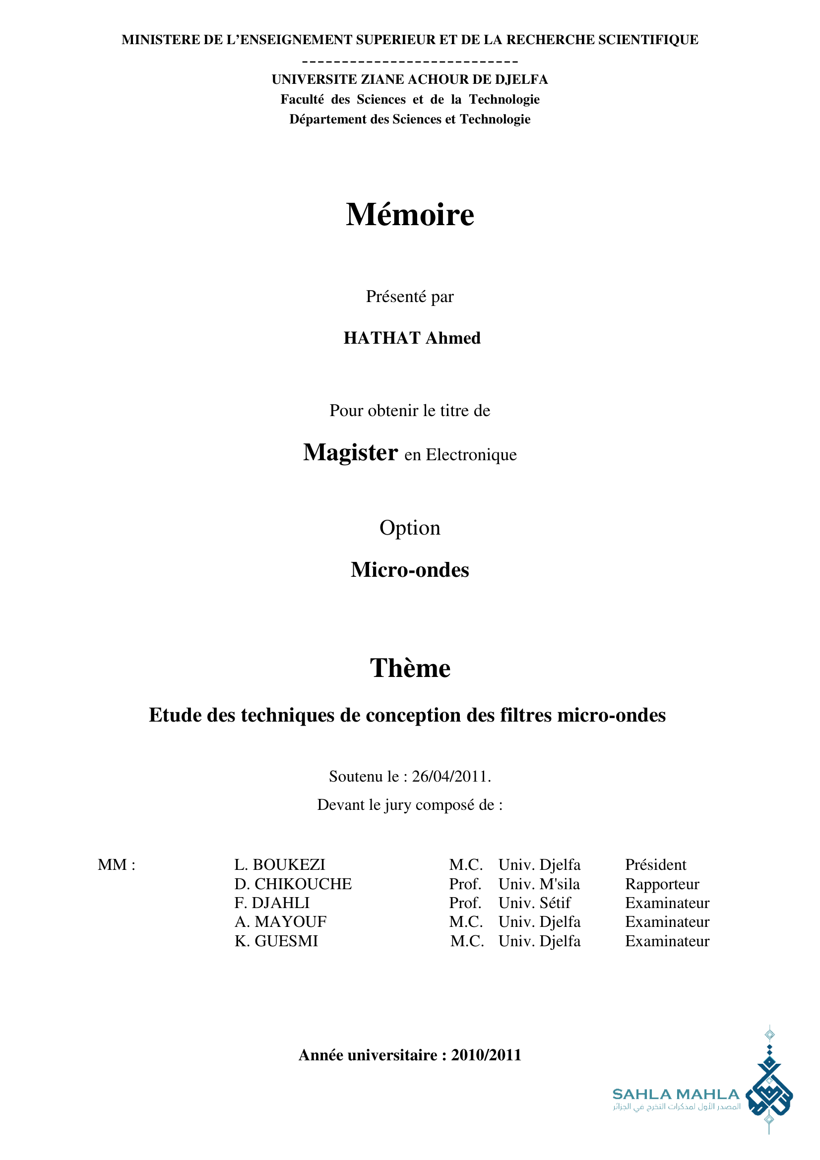 Etude des techniques de conception des filtres micro-ondes