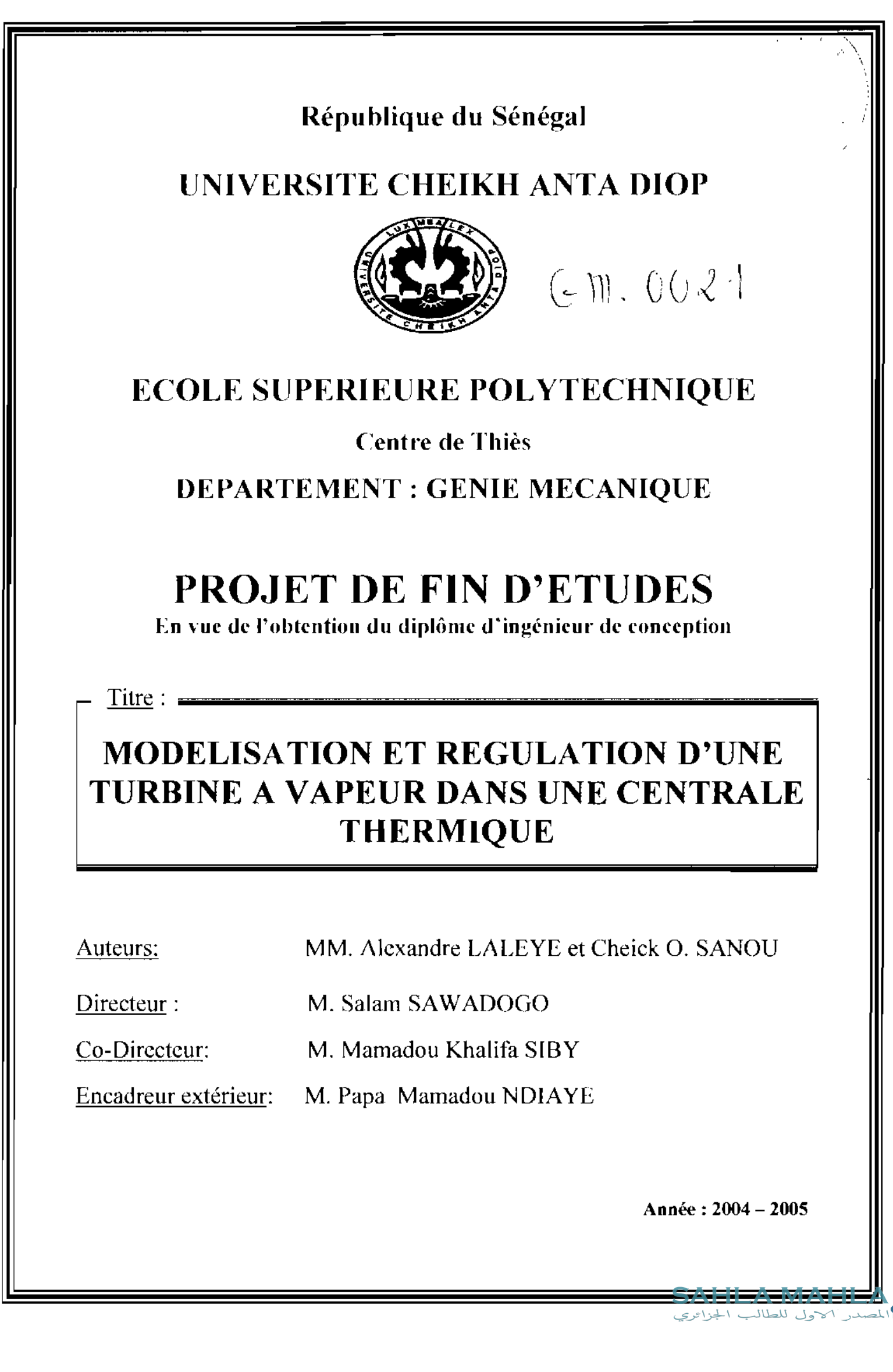 MODELISATION ET REGULATION D'UNE TURBINE A VAPEUR DANS UNE CENTRALE THERMIQUE