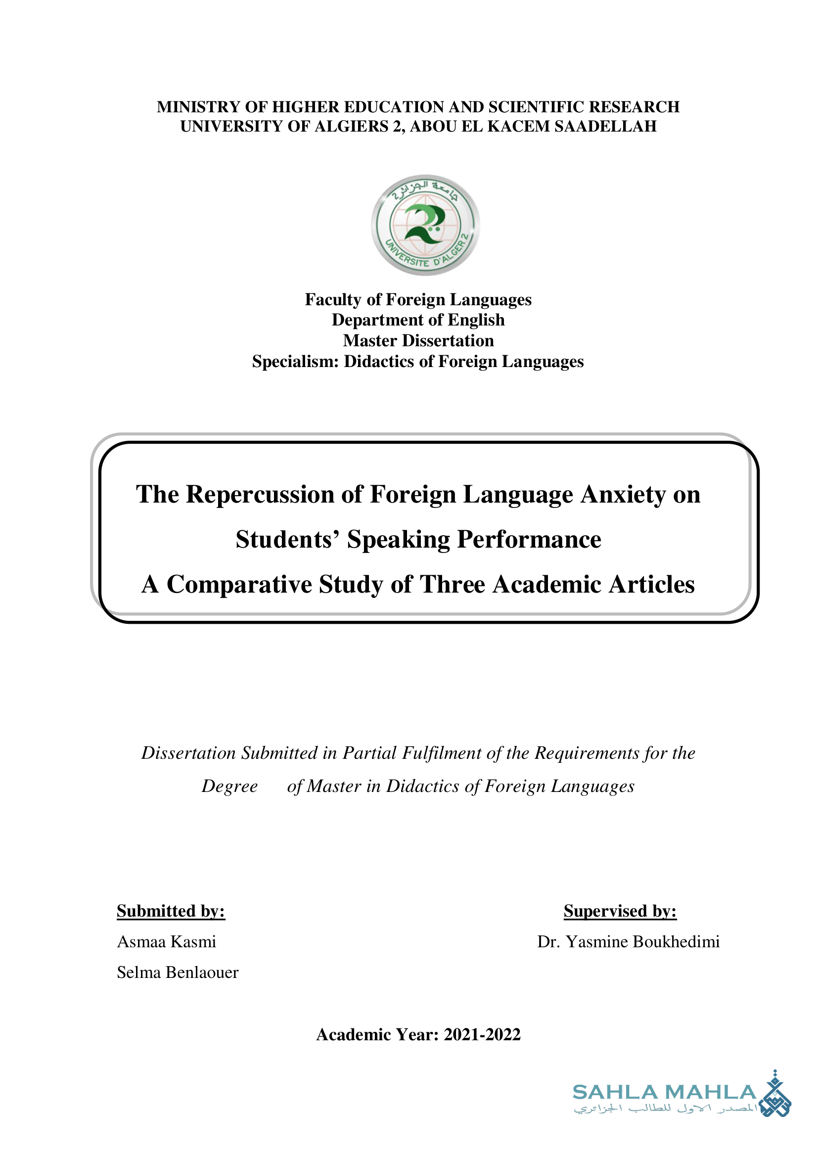 The Repercussion of Foreign Language Anxiety on Students' Speaking Performance - A Comparative Study of Three Academic Articles
