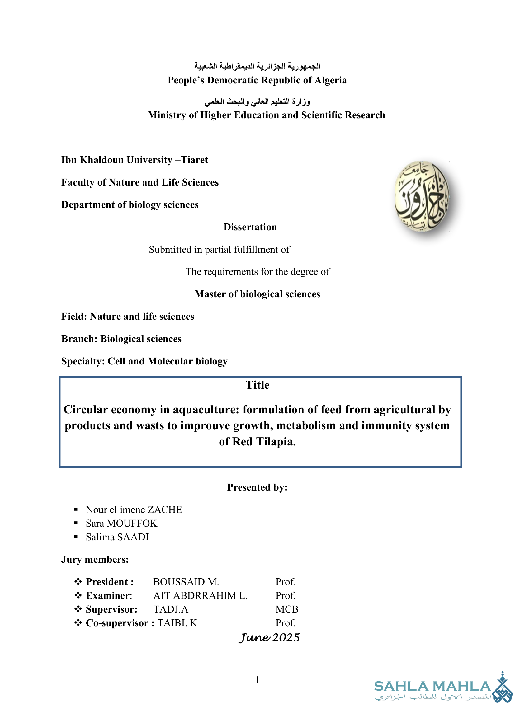 Circular economy in aquaculture: formulation of feed from agricultural by products and wasts to improuve growth, metabolism and immunity system of Red Tilapia.