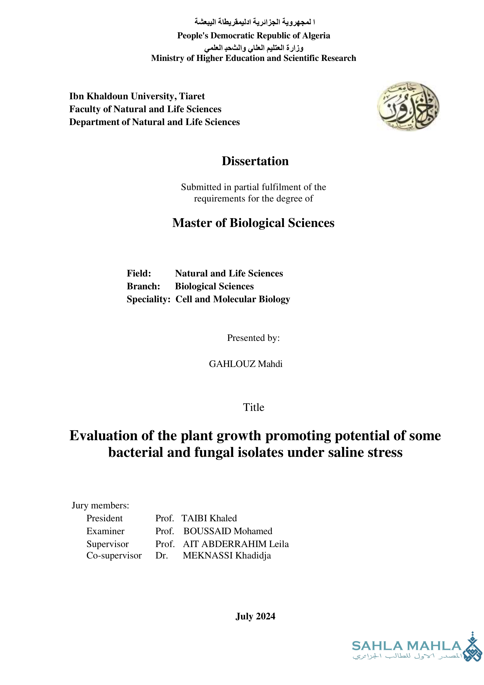 Evaluation of the plant growth promoting potential of some bacterial and fungal isolates under saline stress