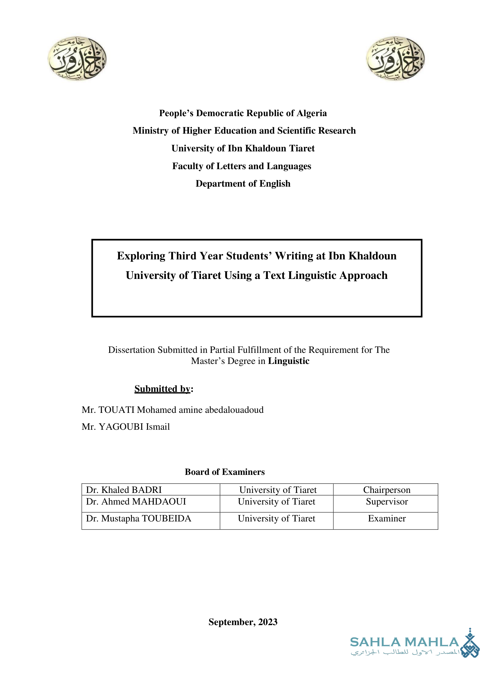 Exploring Third Year Students' Writing at Ibn Khaldoun University of Tiaret Using a Text Linguistic Approach