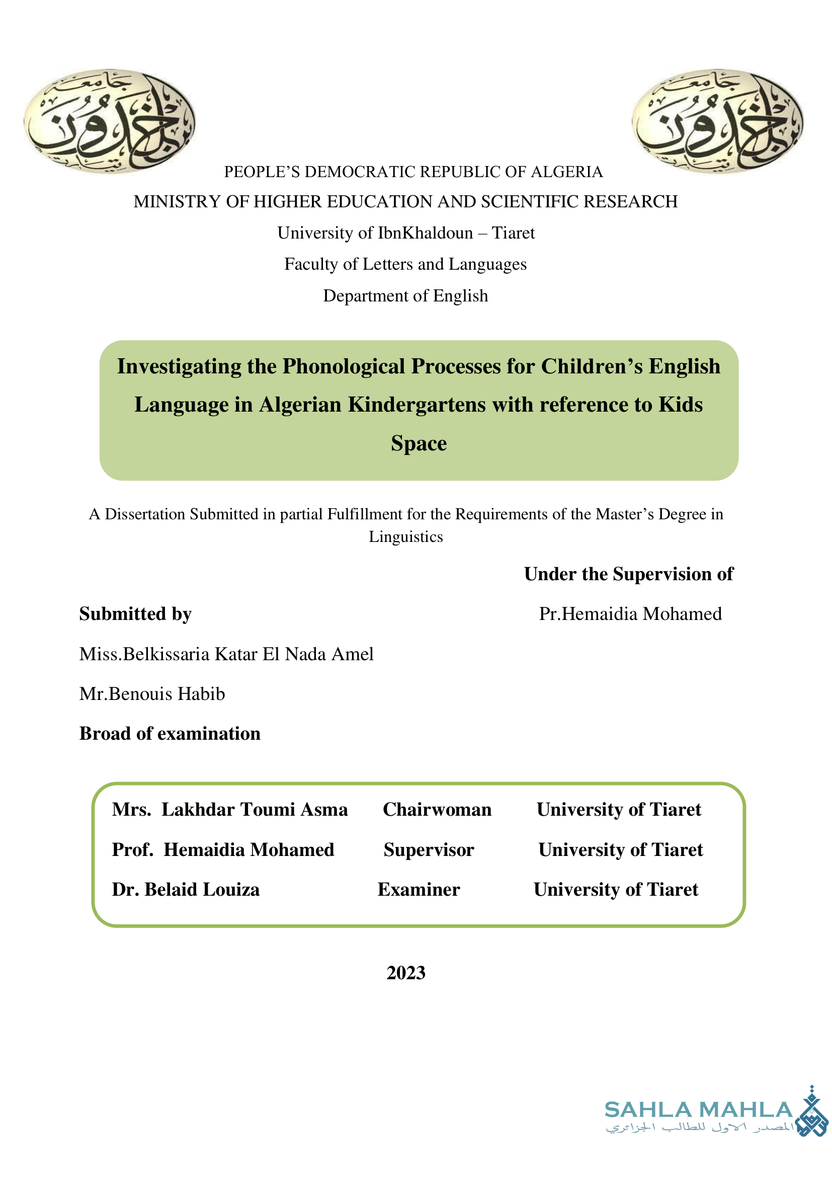 Investigating the Phonological Processes for Children's English Language in Algerian Kindergartens with reference to Kids Space