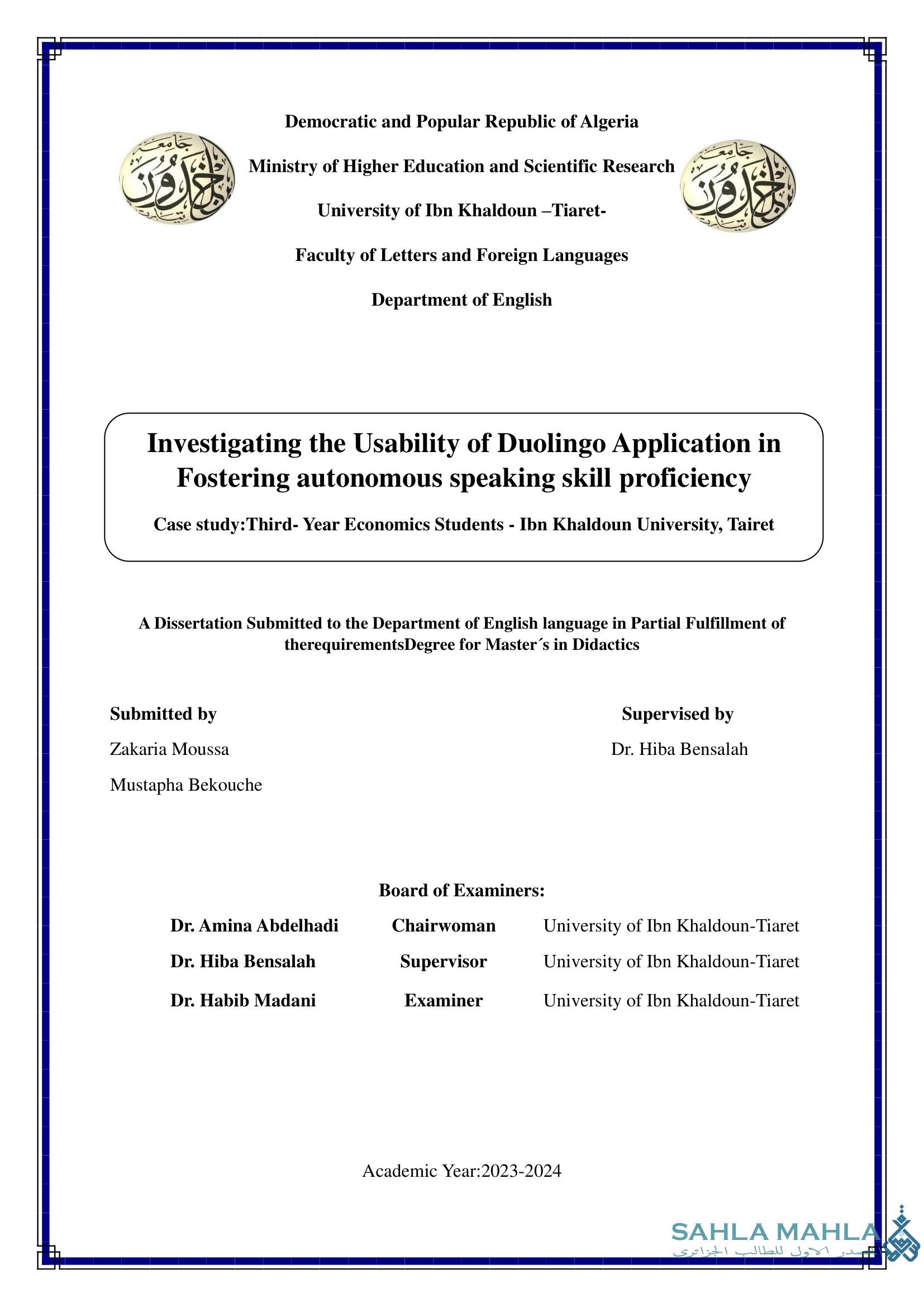 Investigating the Usability of Duolingo Application in Fostering autonomous speaking skill proficiency - Case study:Third- Year Economics Students - Ibn Khaldoun University, Tairet