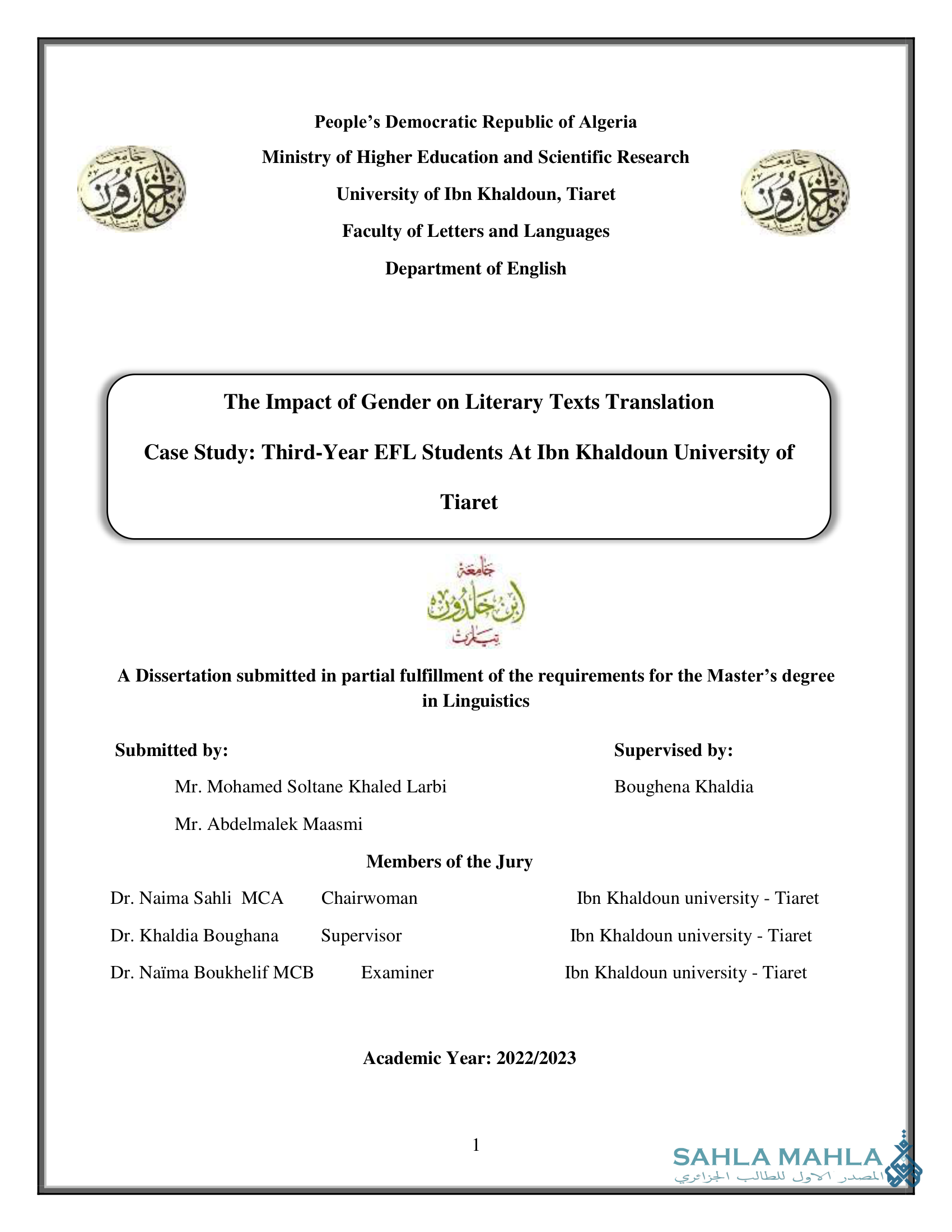 The Impact of Gender on Literary Texts Translation Case Study: Third-Year EFL Students At Ibn Khaldoun University of Tiaret