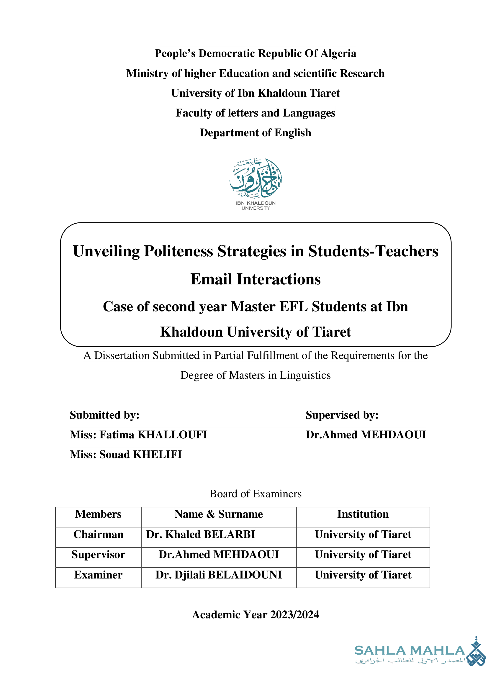 Unveiling Politeness Strategies in Students-Teachers Email Interactions Case of second year Master EFL Students at Ibn Khaldoun University of Tiaret