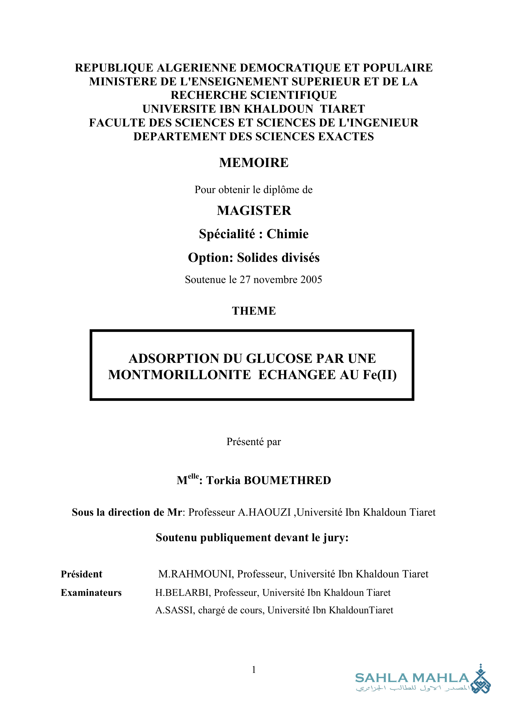 ADSORPTION DU GLUCOSE PAR UNE MONTMORILLONITE ECHANGEE AU Fe(II)