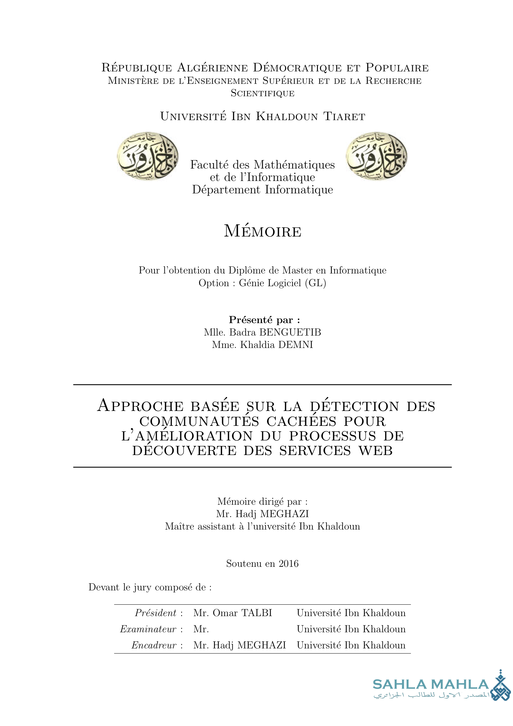 APPROCHE BASÉE SUR LA DÉTECTION DES COMMUNAUTÉS CACHÉES POUR L'AMÉLIORATION DU PROCESSUS DE DÉCOUVERTE DES SERVICES WEB
