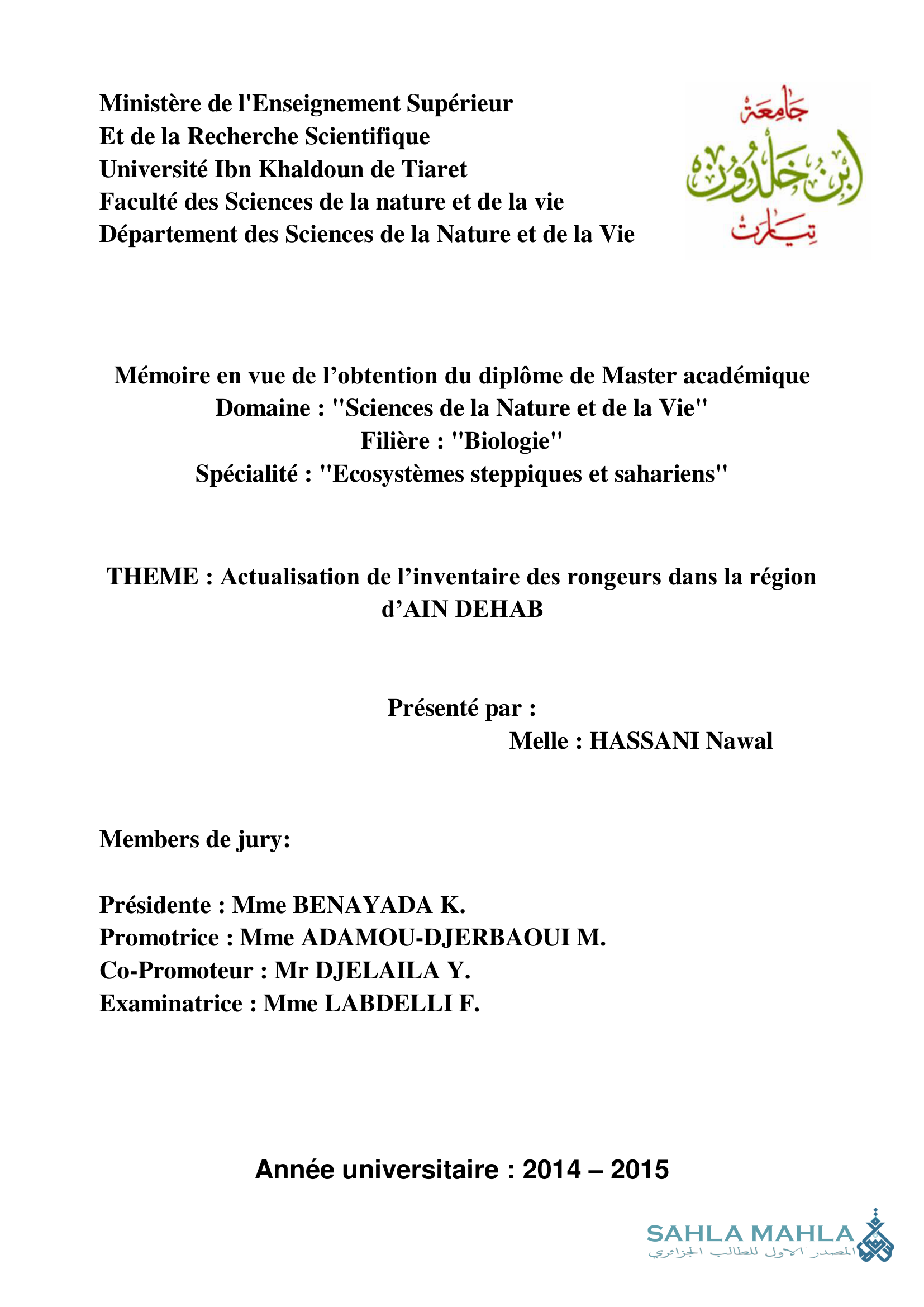 Actualisation de l'inventaire des rongeurs dans la région d'AIN DEHAB