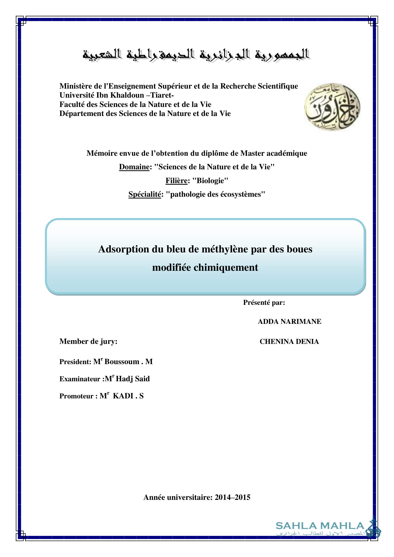 Adsorption du bleu de méthylène par des boues modifiée chimiquement