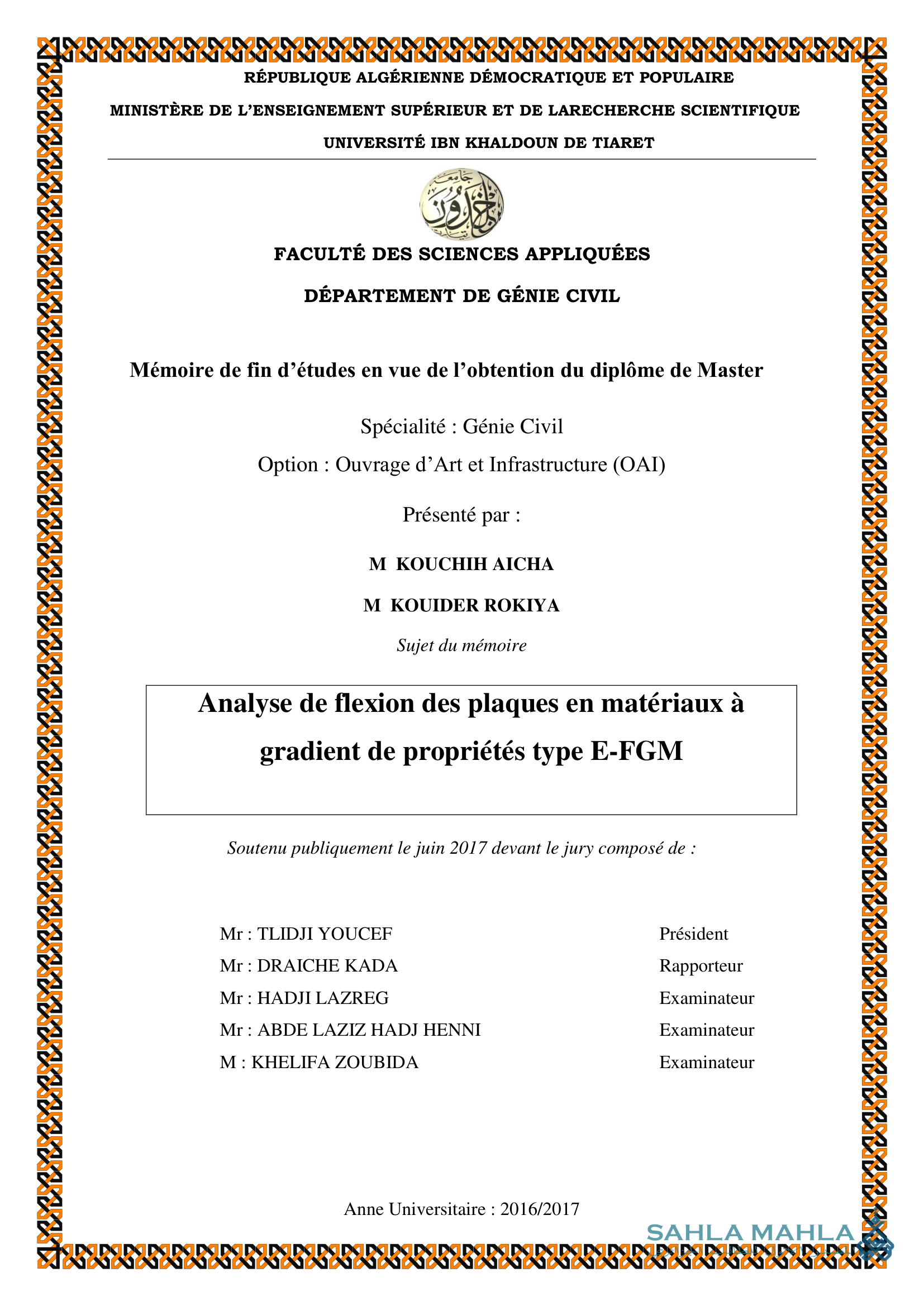 Analyse de flexion des plaques en matériaux à gradient de propriétés type E-FGM