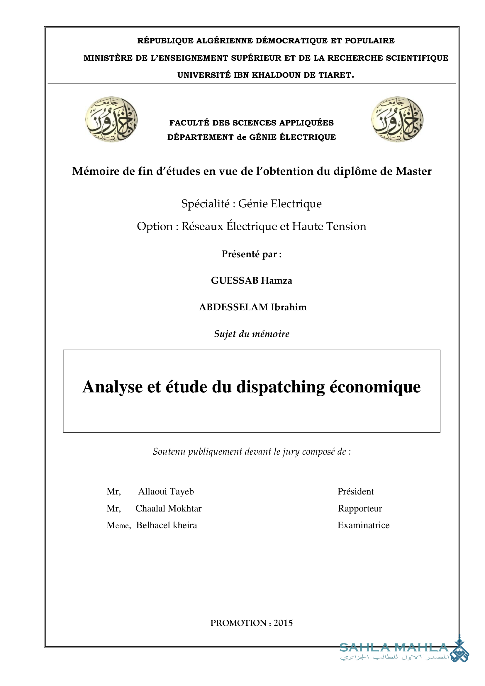 Analyse et étude du dispatching économique