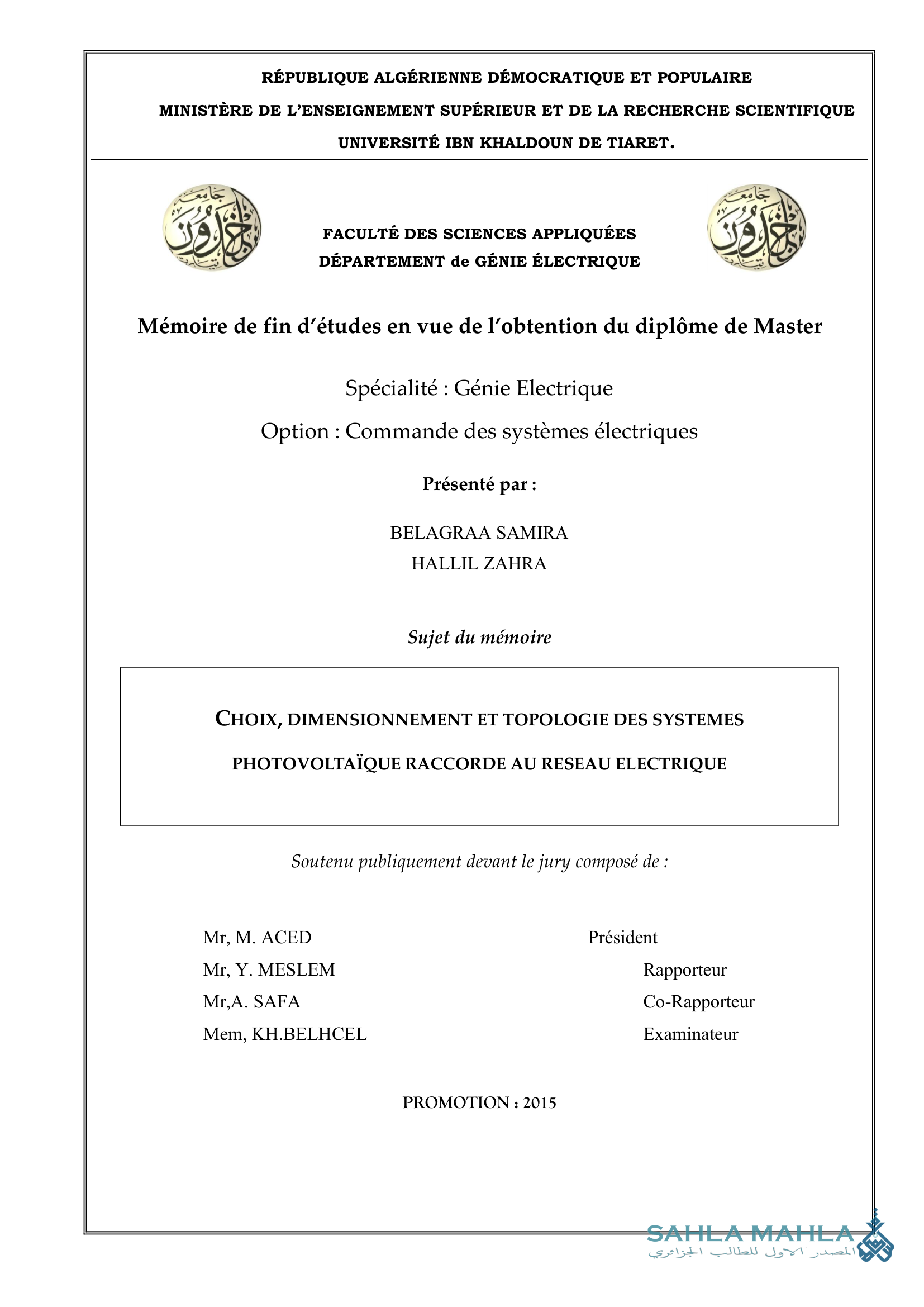 CHOIX, DIMENSIONNEMENT ET TOPOLOGIE DES SYSTEMES PHOTOVOLTAÏQUE RACCORDE AU RESEAU ELECTRIQUE