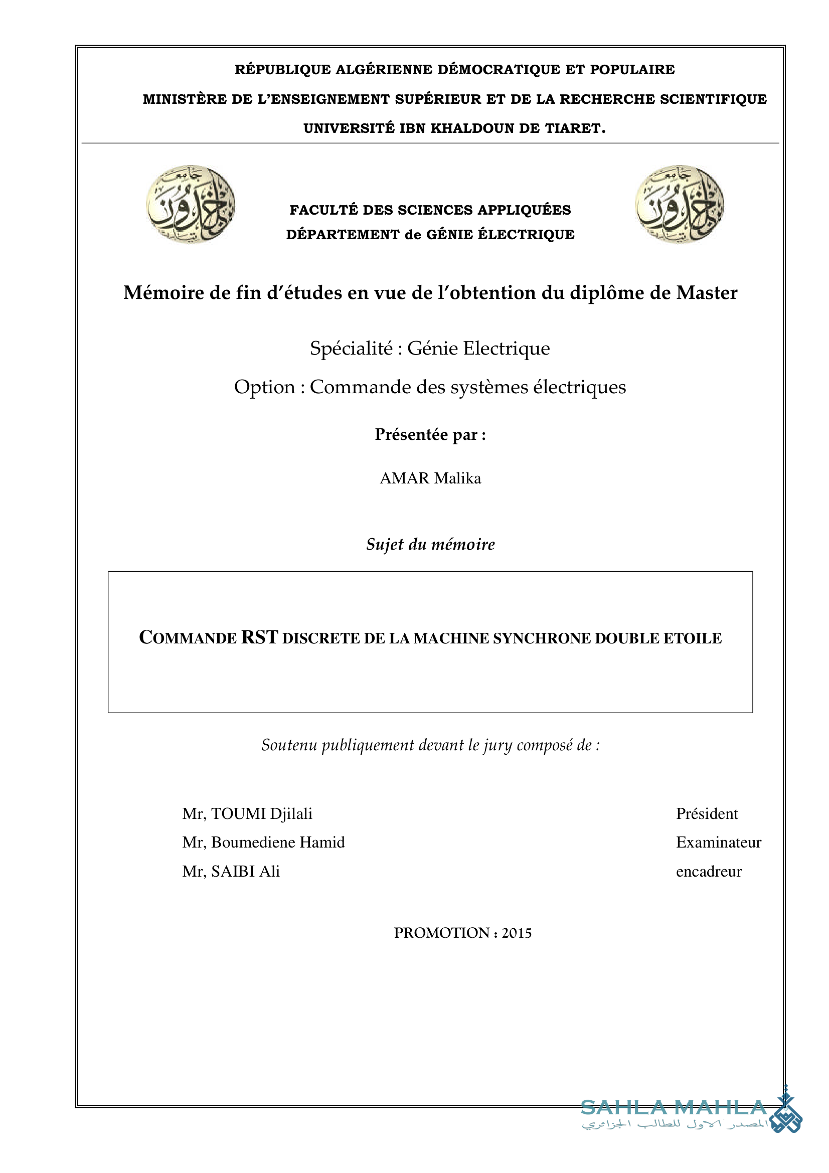 COMMANDE RST DISCRETE DE LA MACHINE SYNCHRONE DOUBLE ETOILE