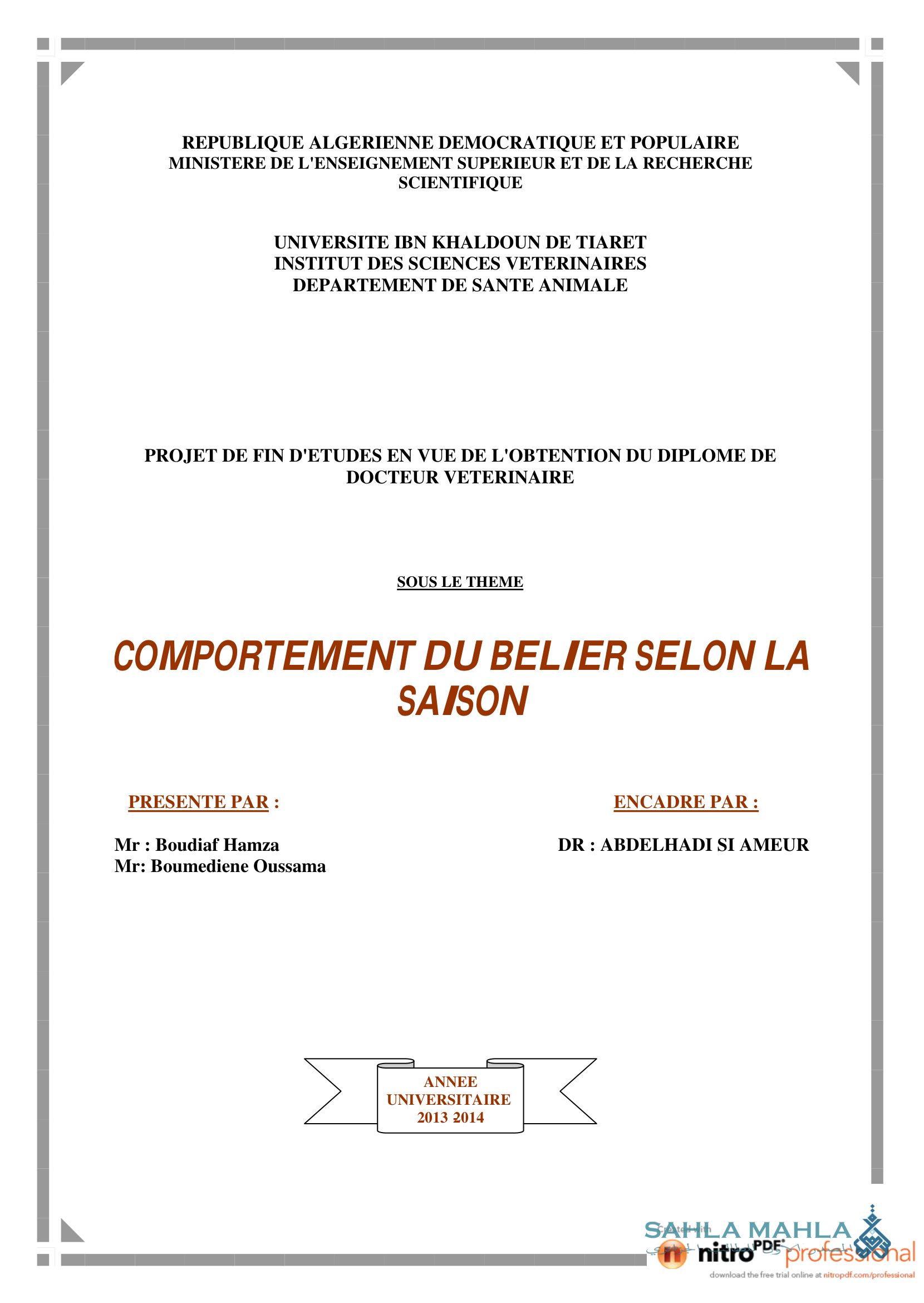 COMPORTEMENT DU BELIER SELON LA SAISON