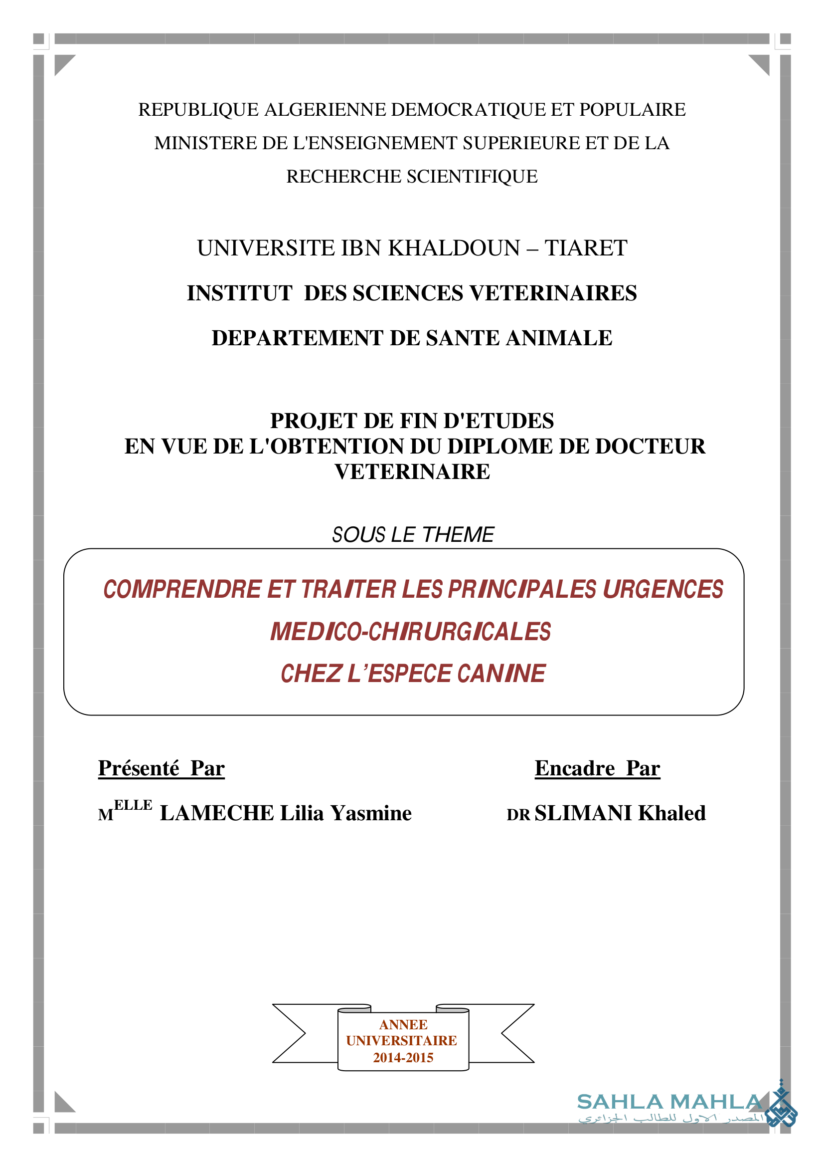 COMPRENDRE ET TRAITER LES PRINCIPALES URGENCES MEDICO-CHIRURGICALES CHEZ L'ESPECE CANINE