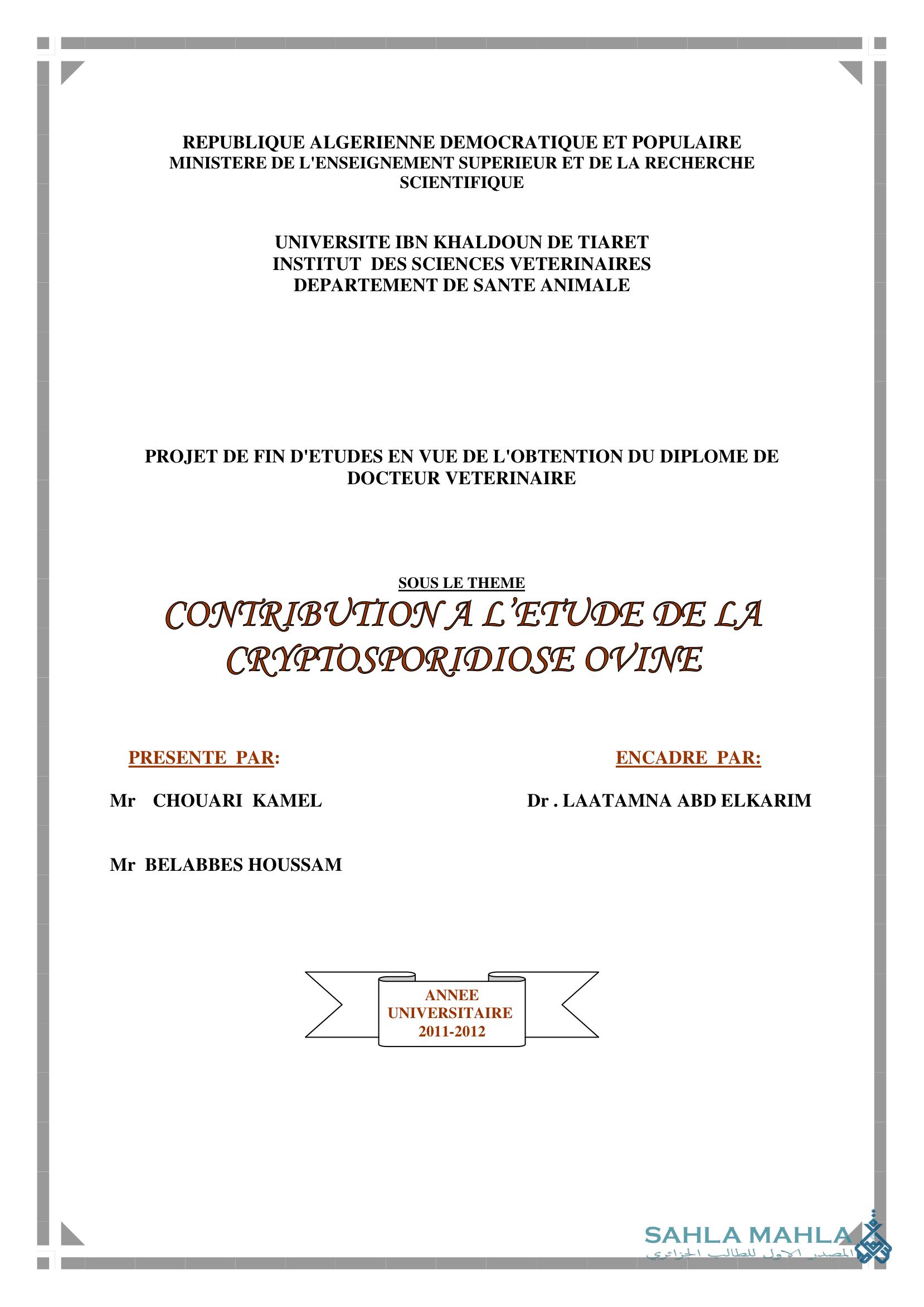 CONTRIBUTION A L'ETUDE DE LA CRYPTOSPORIDIOSE OVINE