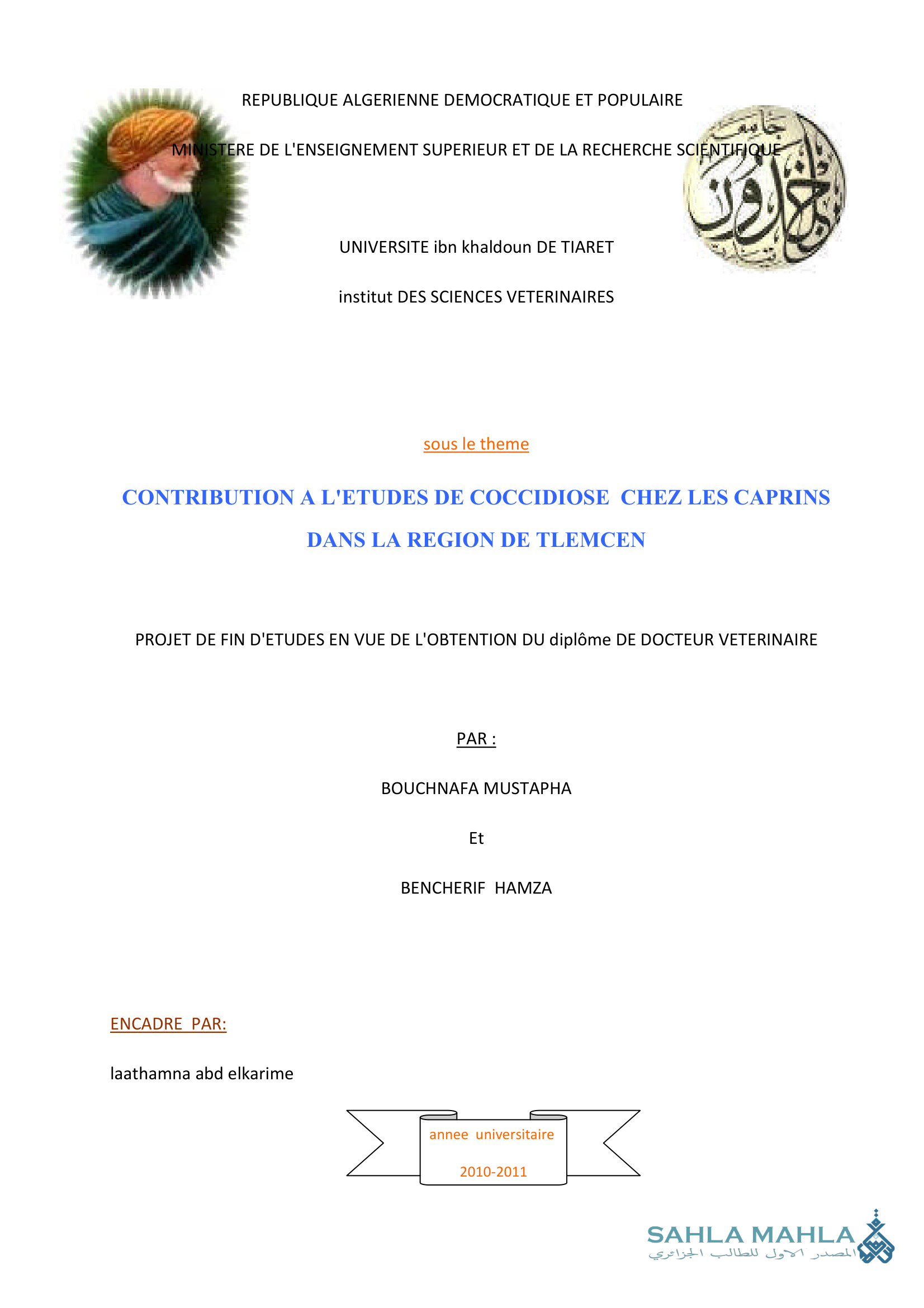 CONTRIBUTION A L'ETUDES DE COCCIDIOSE CHEZ LES CAPRINS DANS LA REGION DE TLEMCEN