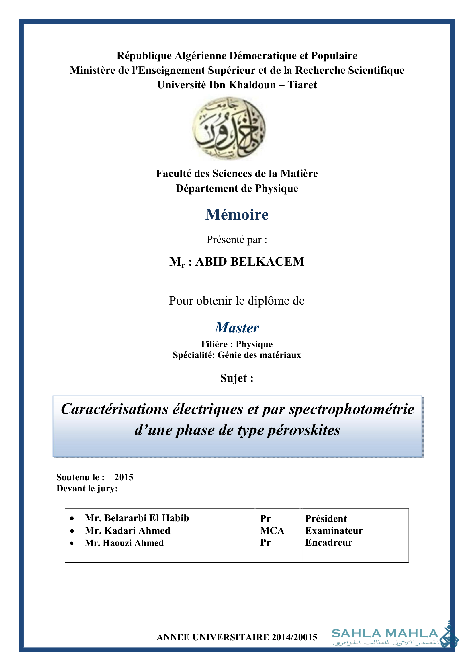 Caractérisations électriques et par spectrophotométrie d'une phase de type pérovskites