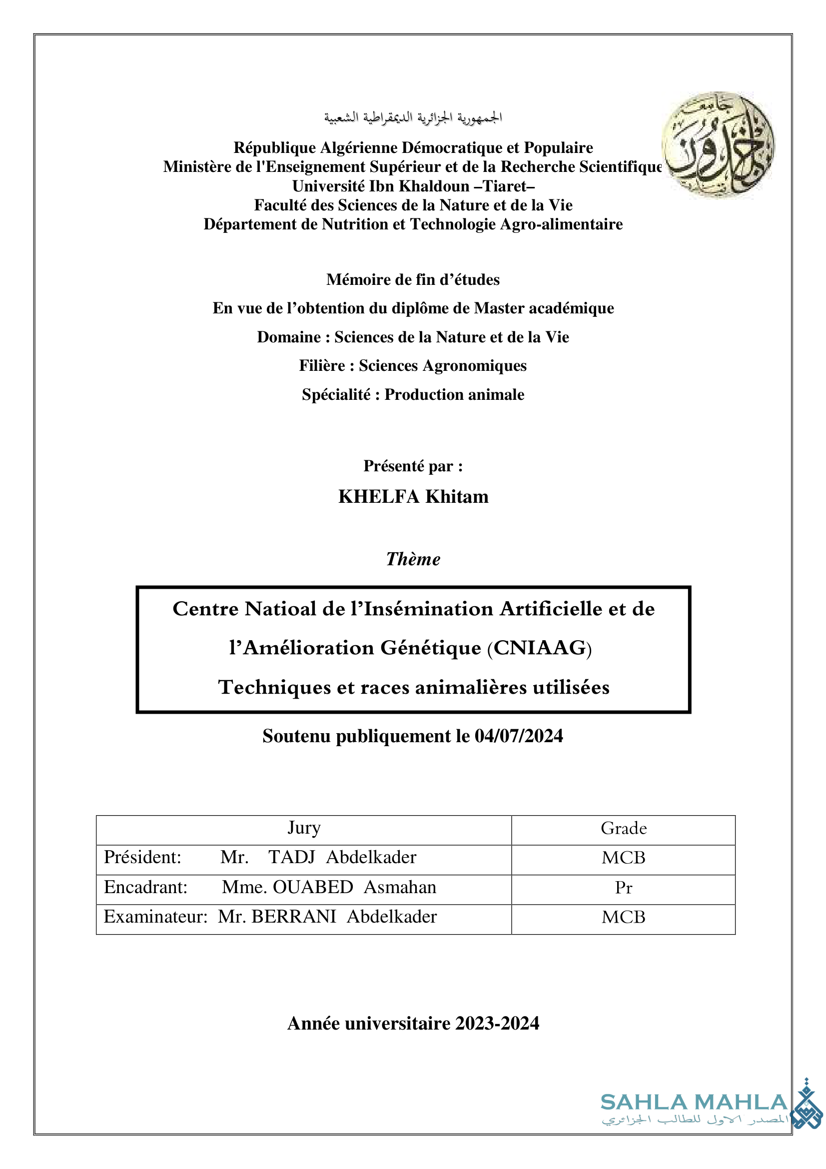 Centre Natioal de l'Insémination Artificielle et de l'Amélioration Génétique (CNIAAG) Techniques et races animalières utilisées