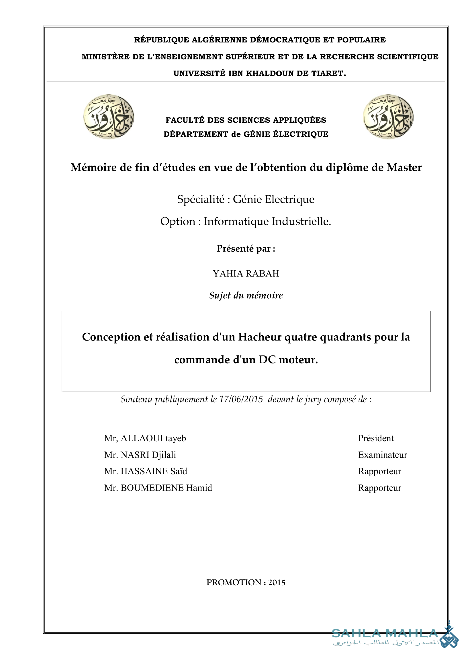 Conception et réalisation d'un Hacheur quatre quadrants pour la commande d'un DC moteur.