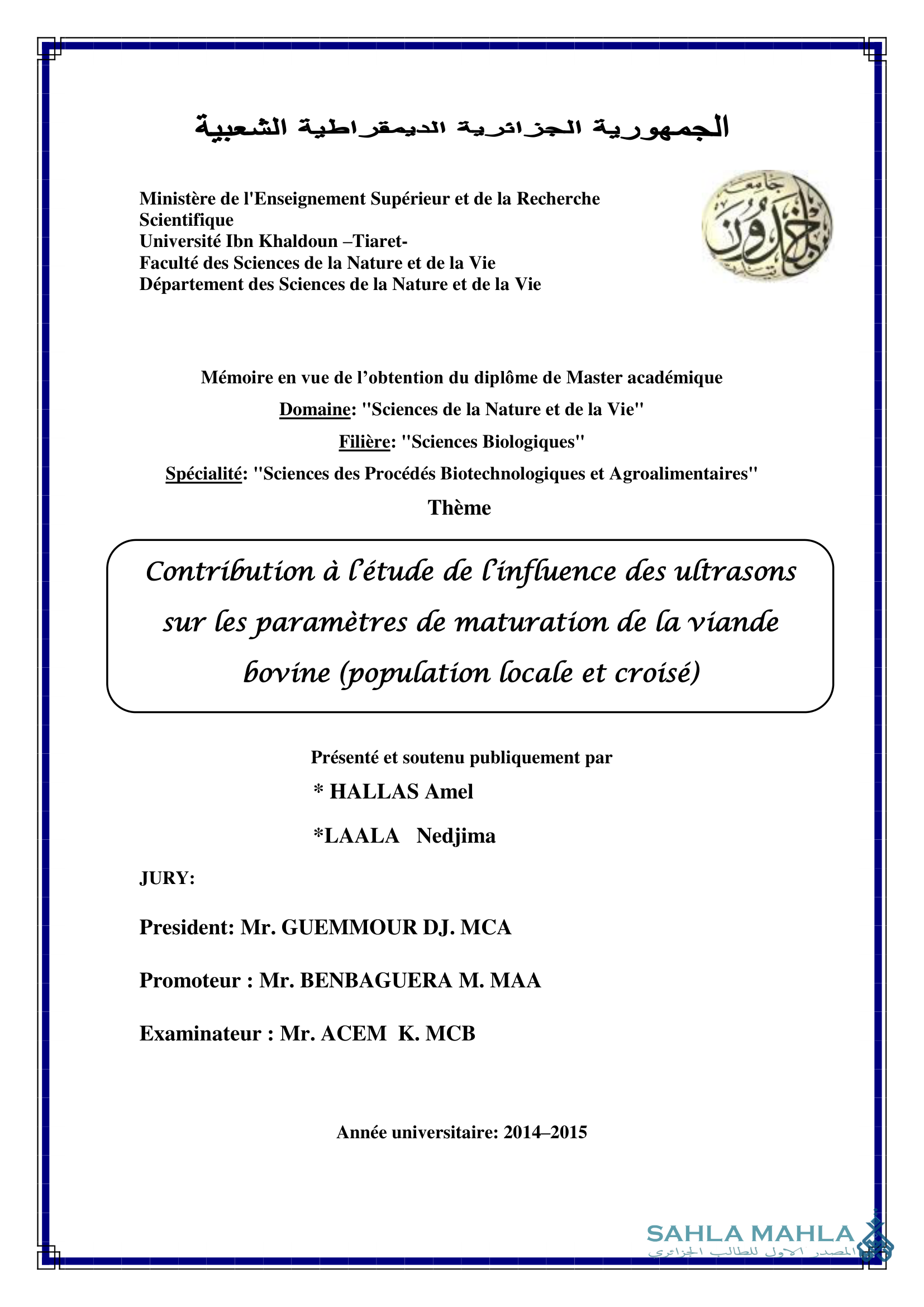 Contribution à l'étude de l'influence des ultrasons sur les paramètres de maturation de la viande bovine (population locale et croisé)