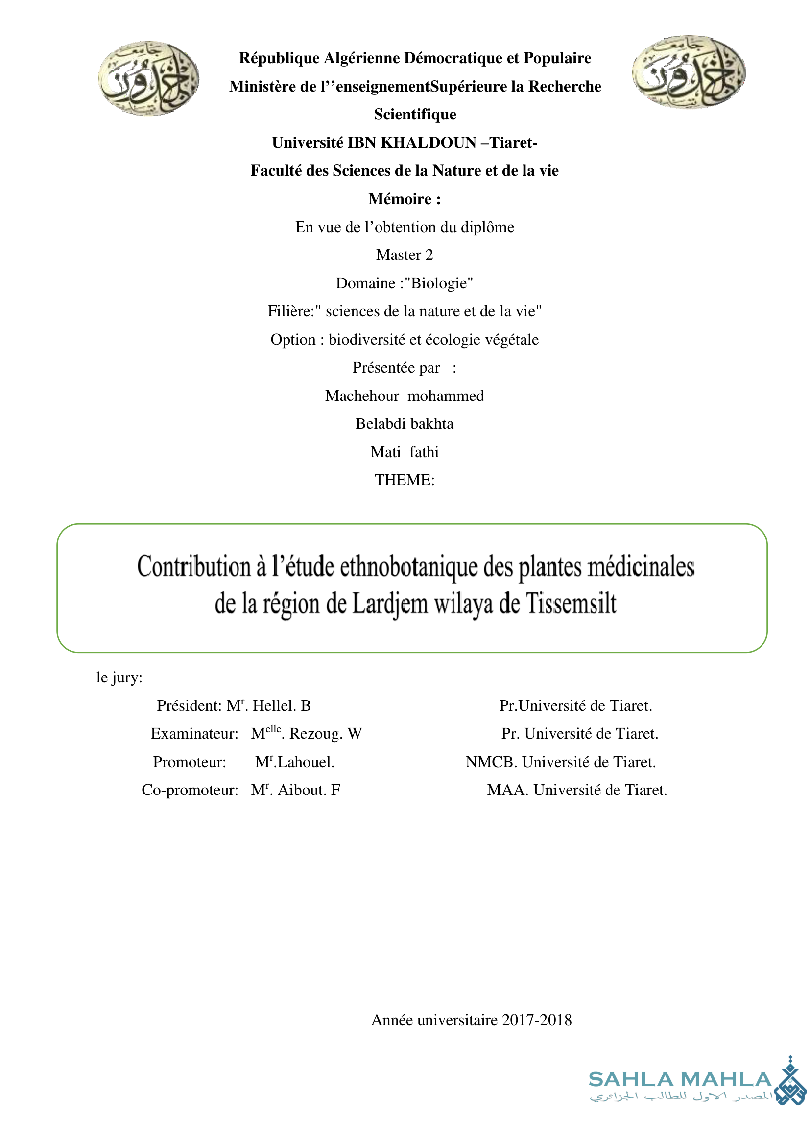 Contribution à l'étude ethnobotanique des plantes médicinales de la région de Lardjem wilaya de Tissemsilt