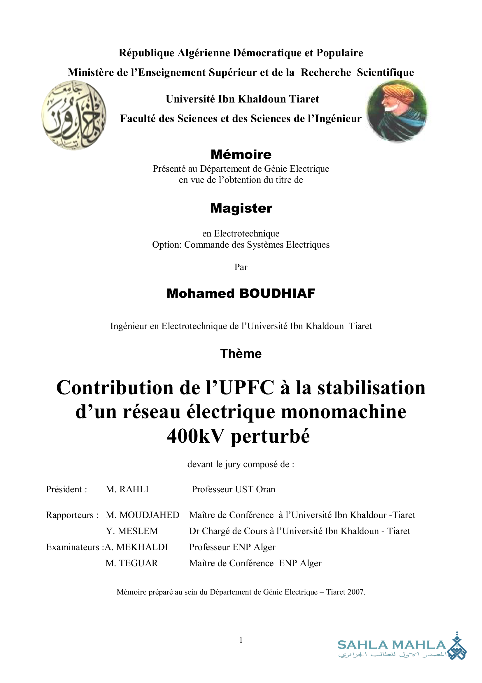 Contribution de l'UPFC à la stabilisation d'un réseau électrique monomachine 400kV perturbé