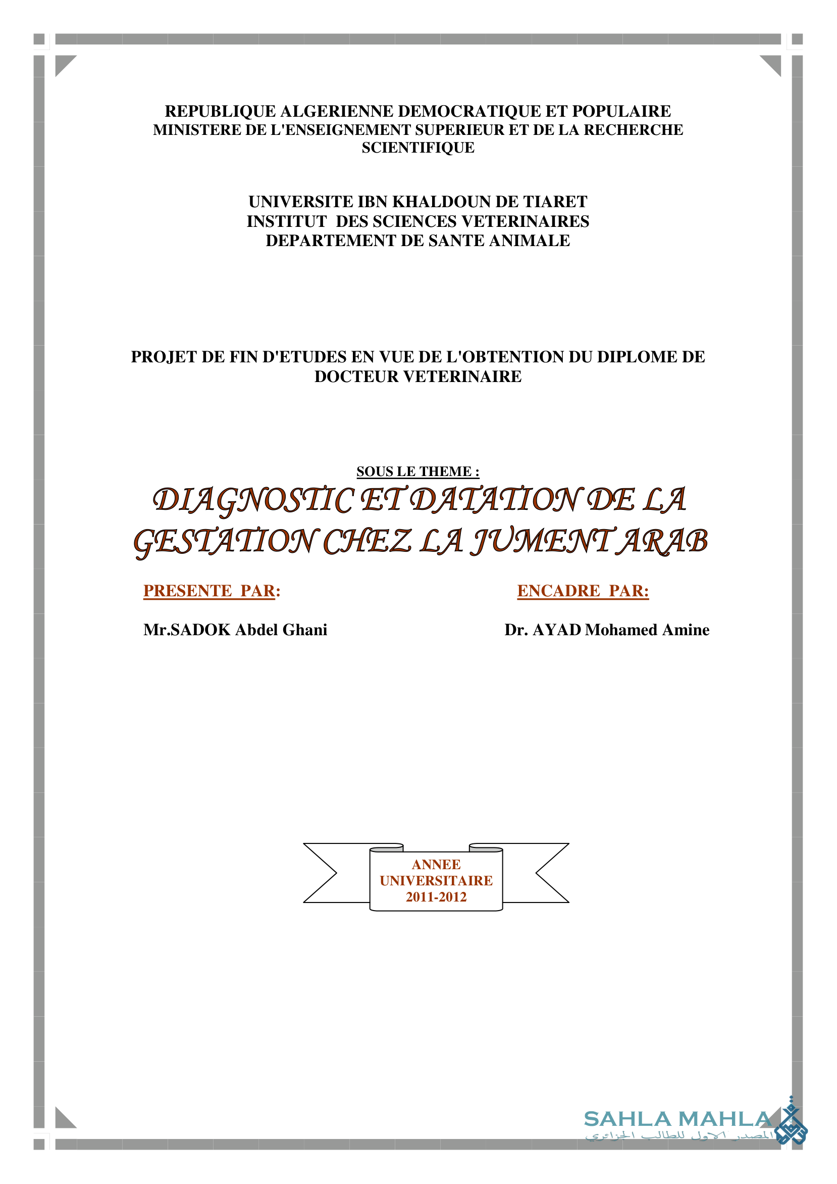 DIAGNOSTIC ET DATATION DE LA GESTATION CHEZ LA JUMENT ARAB