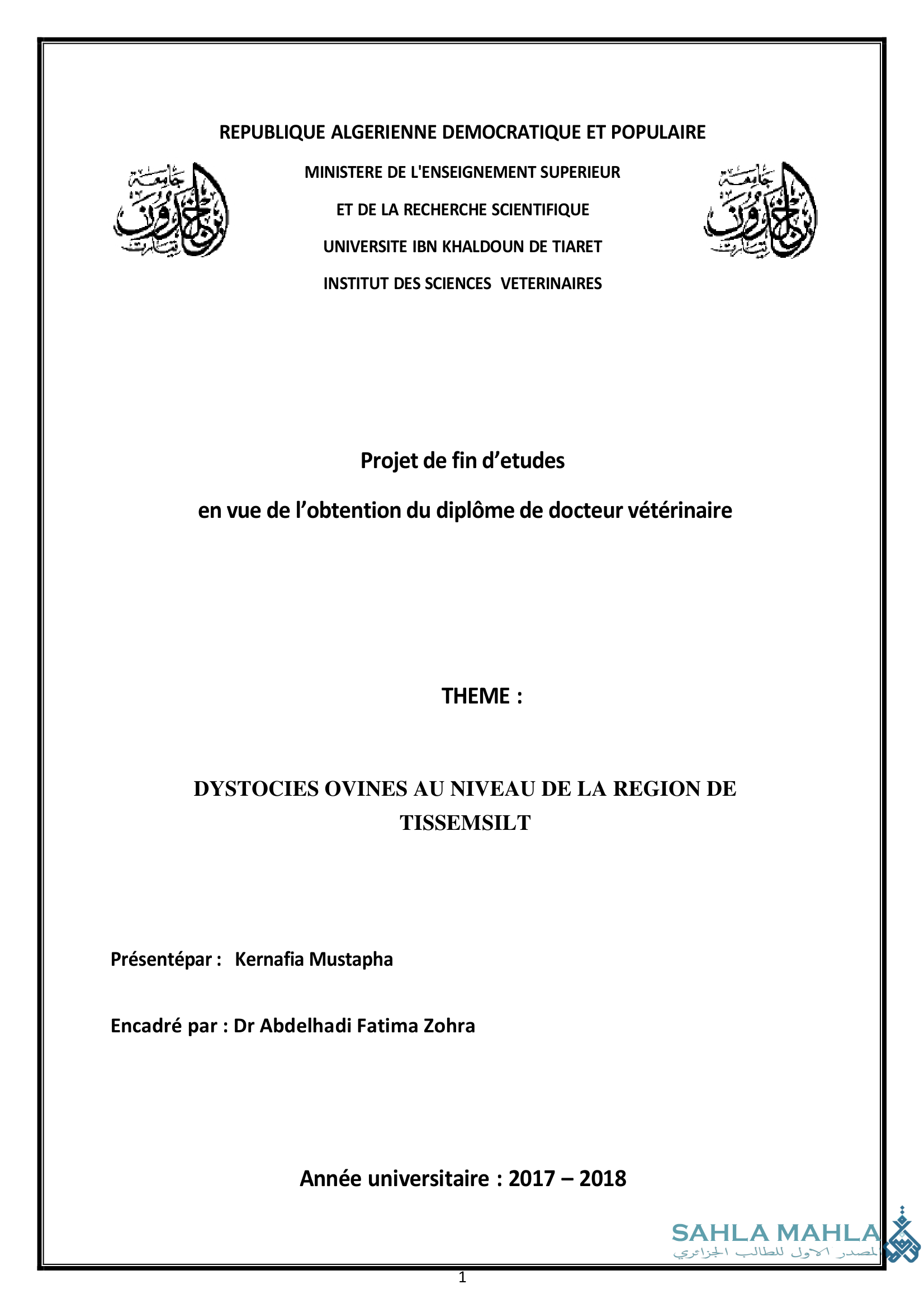 DYSTOCIES OVINES AU NIVEAU DE LA REGION DE TISSEMSILT