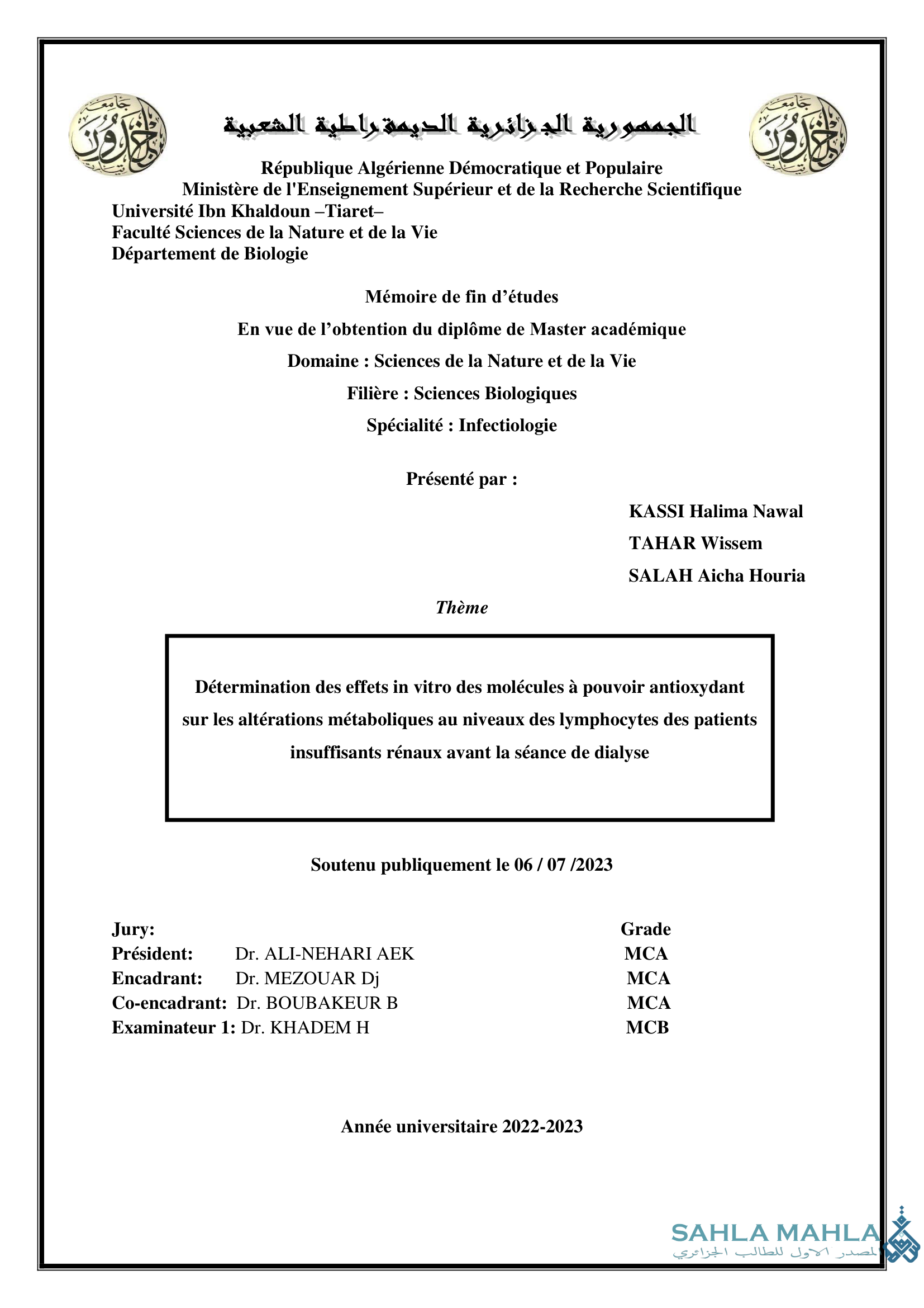 Détermination des effets in vitro des molécules à pouvoir antioxydant sur les altérations métaboliques au niveaux des lymphocytes des patients insuffisants rénaux avant la séance de dialyse