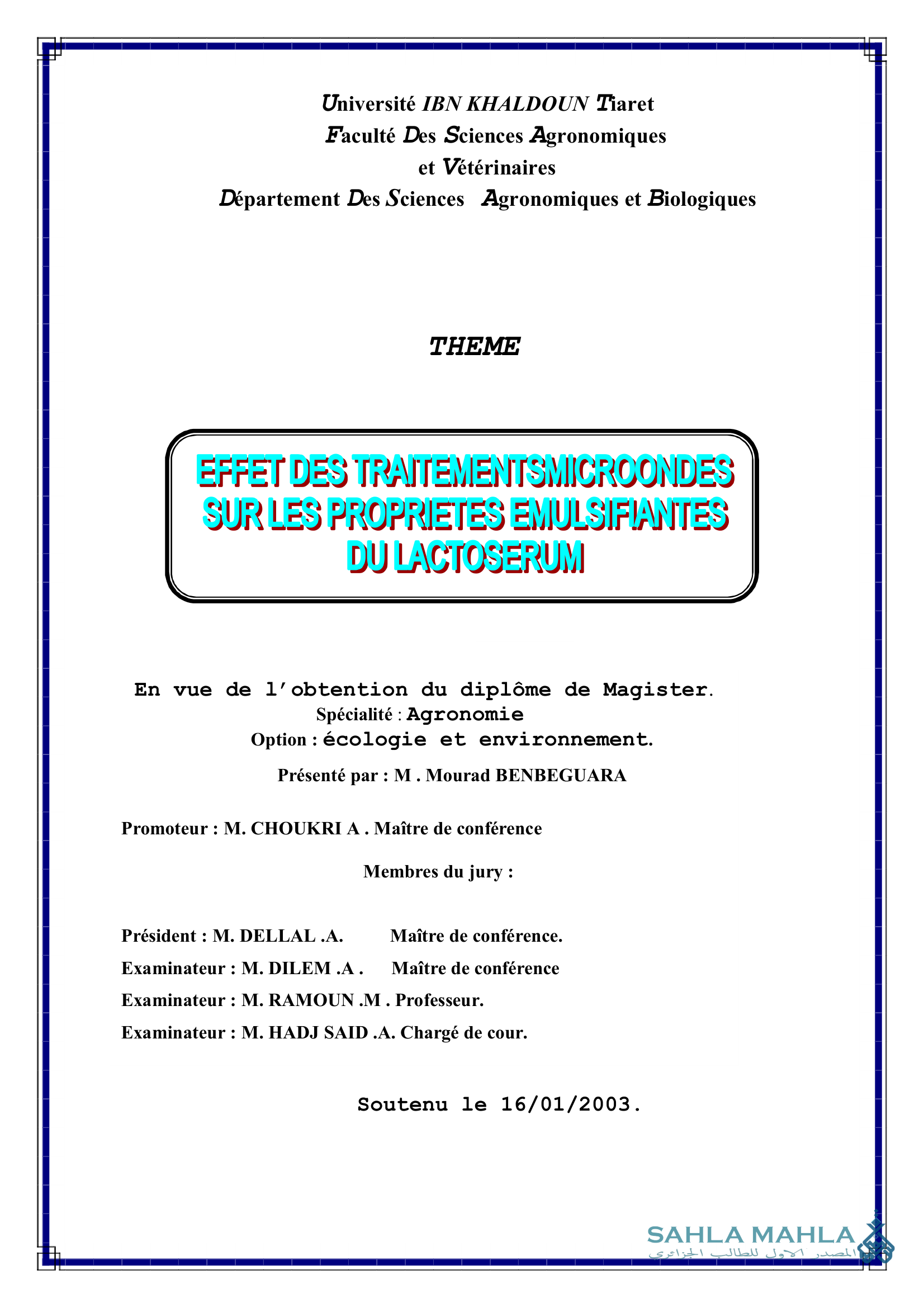 EFFET DES TRAITEMENTSMICROONDES SUR LES PROPRIETES EMULSIFIANTES DU LACTOSERUM