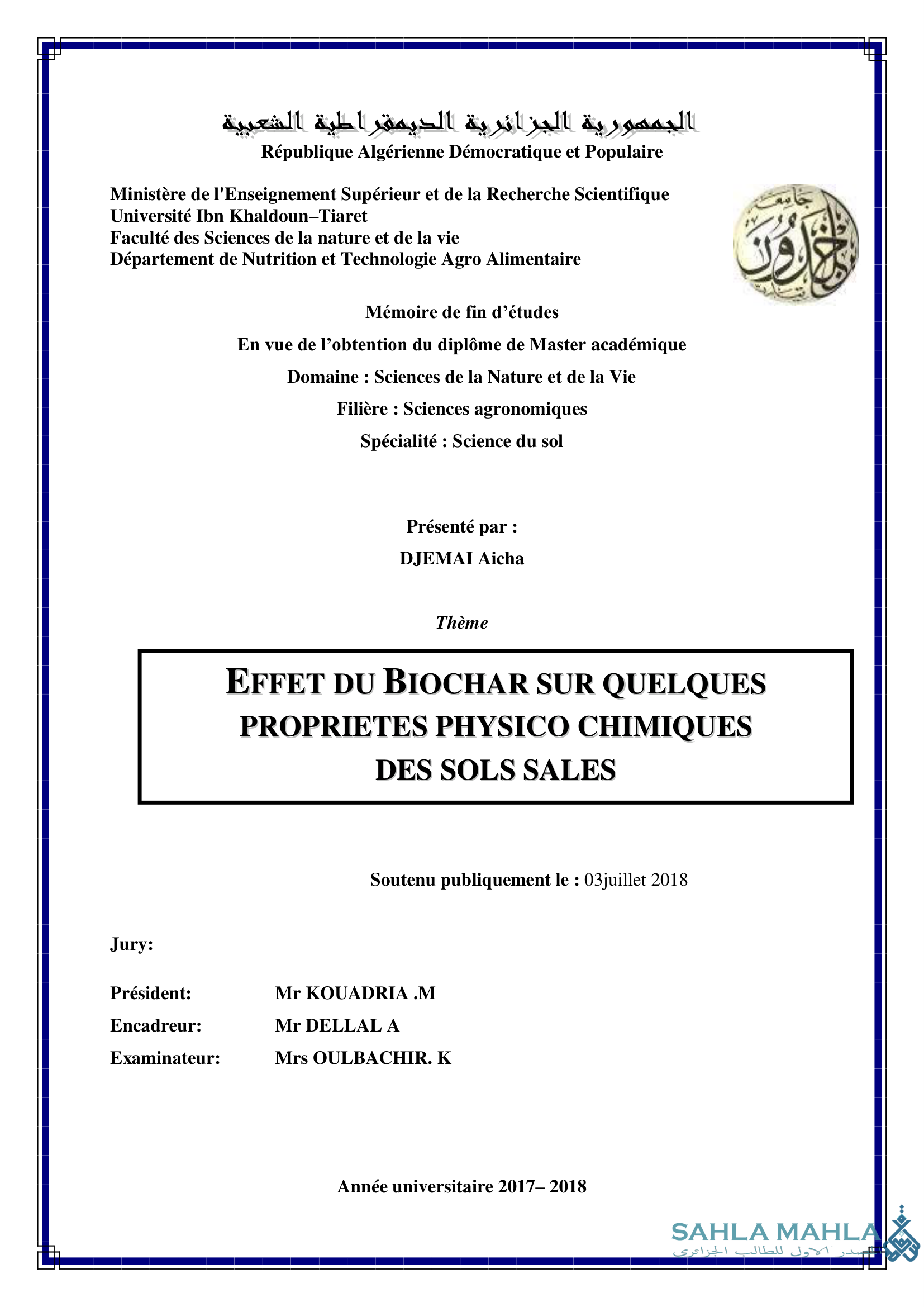 EFFET DU BIOCHAR SUR QUELQUES PROPRIETES PHYSICO CHIMIQUES DES SOLS SALES
