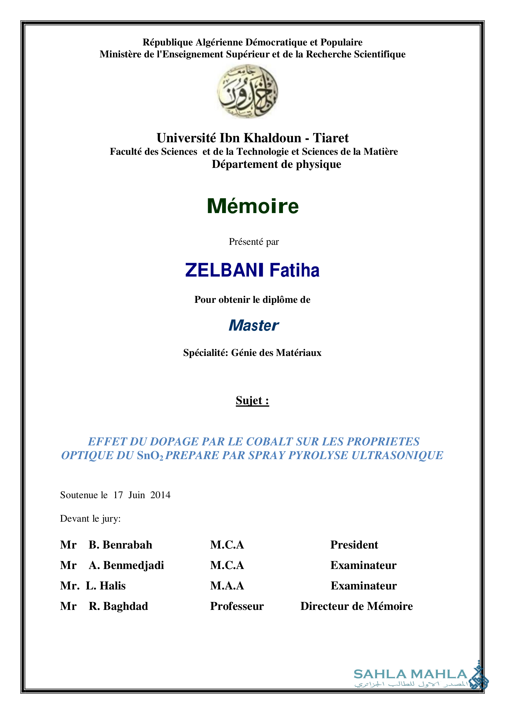 EFFET DU DOPAGE PAR LE COBALT SUR LES PROPRIETES OPTIQUE DU SnO2 PREPARE PAR SPRAY PYROLYSE ULTRASONIQUE