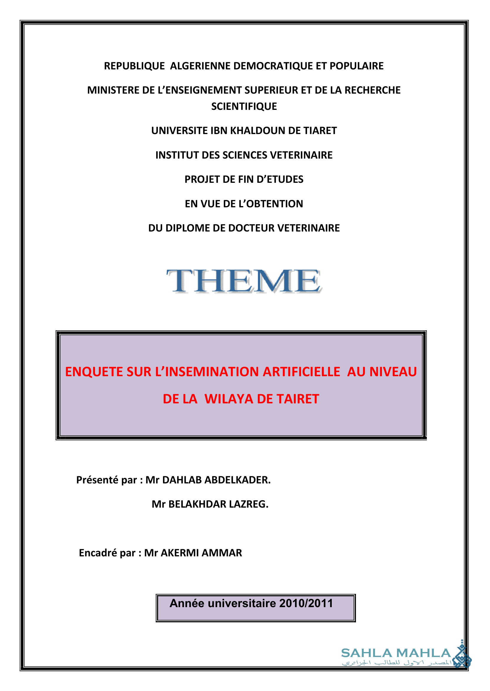 ENQUETE SUR L'INSEMINATION ARTIFICIELLE AU NIVEAU DE LA WILAYA DE TAIRET