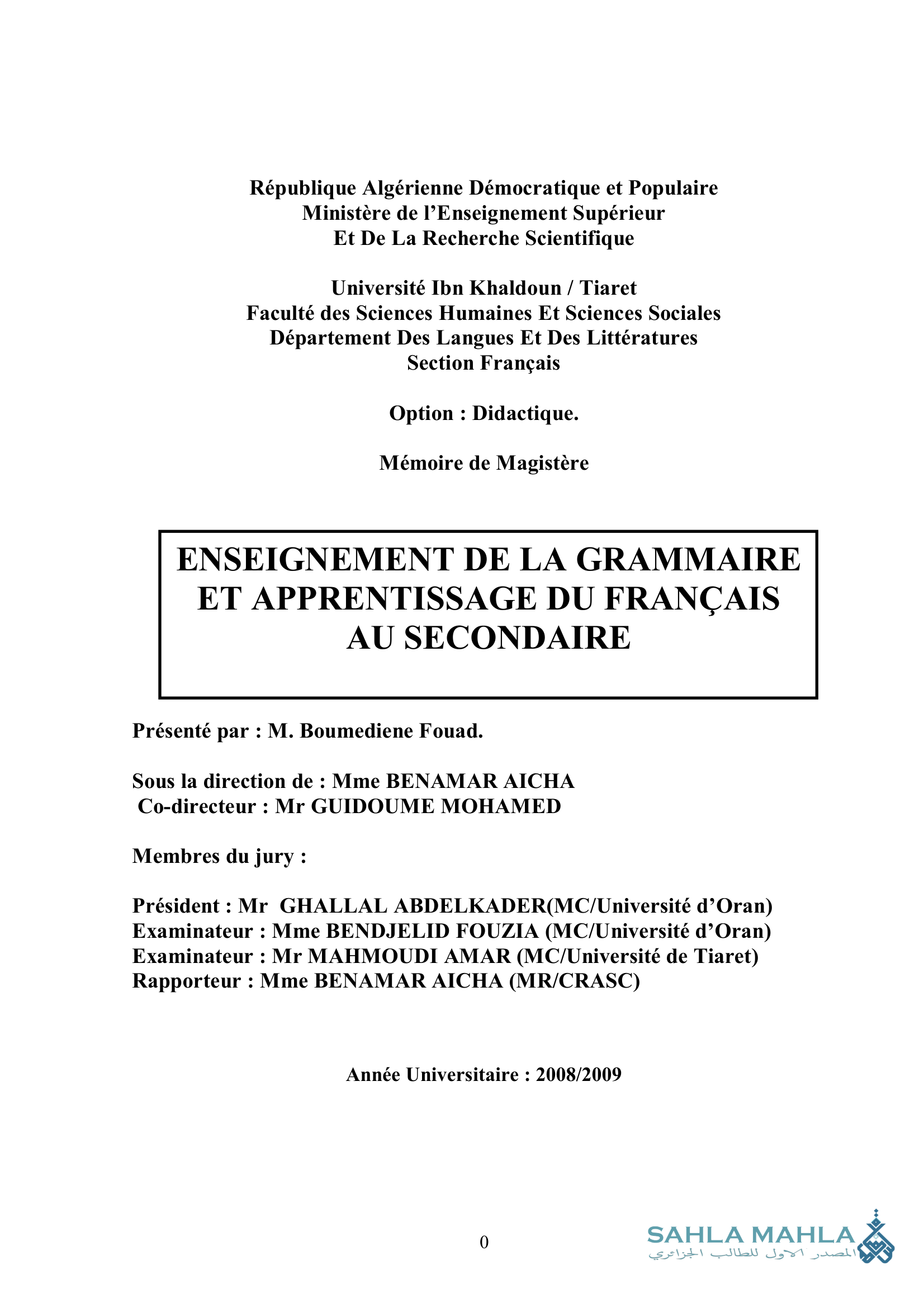 ENSEIGNEMENT DE LA GRAMMAIRE ET APPRENTISSAGE DU FRANÇAIS AU SECONDAIRE