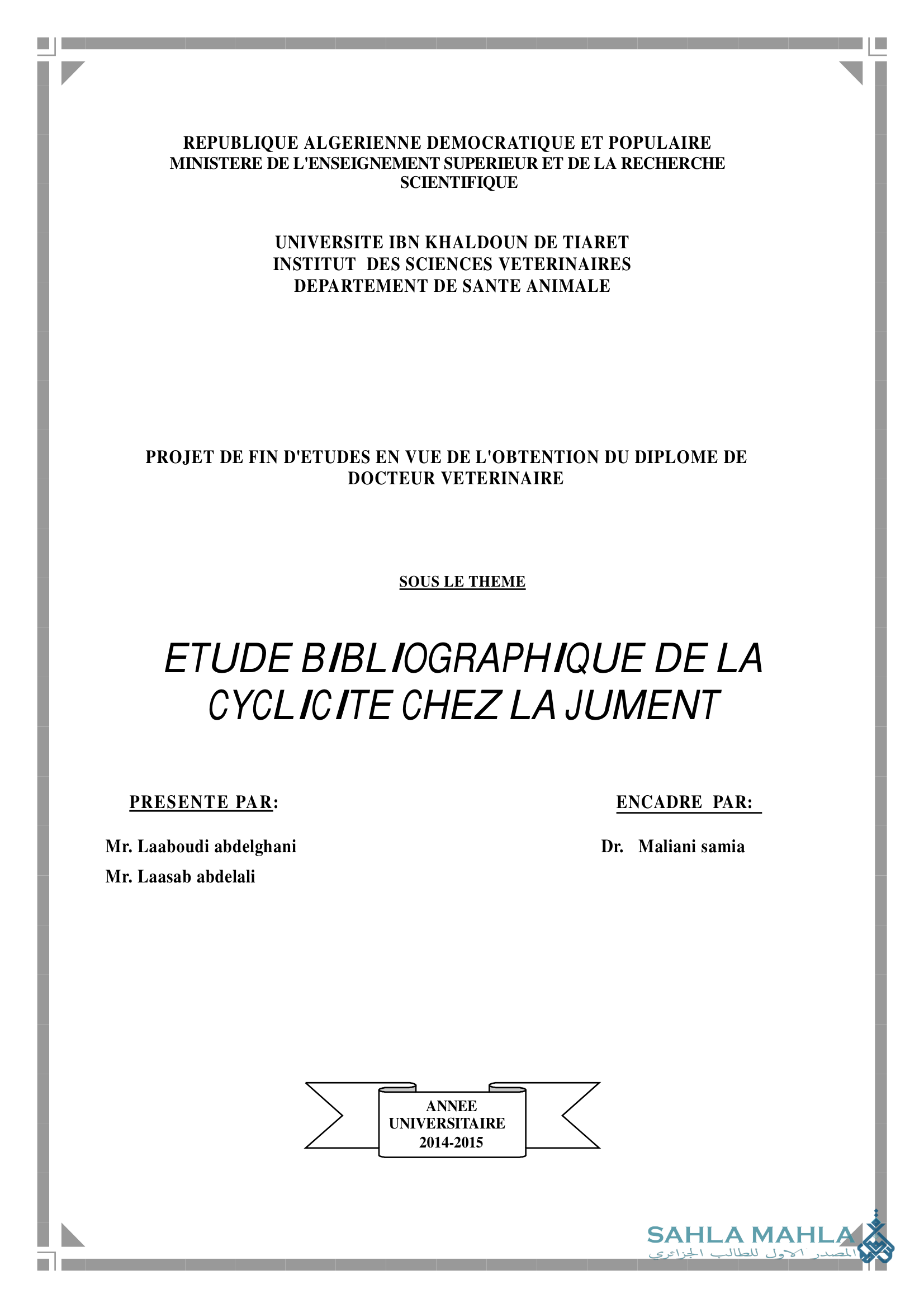 ETUDE BIBLIOGRAPHIQUE DE LA CYCLICITE CHEZ LA JUMENT