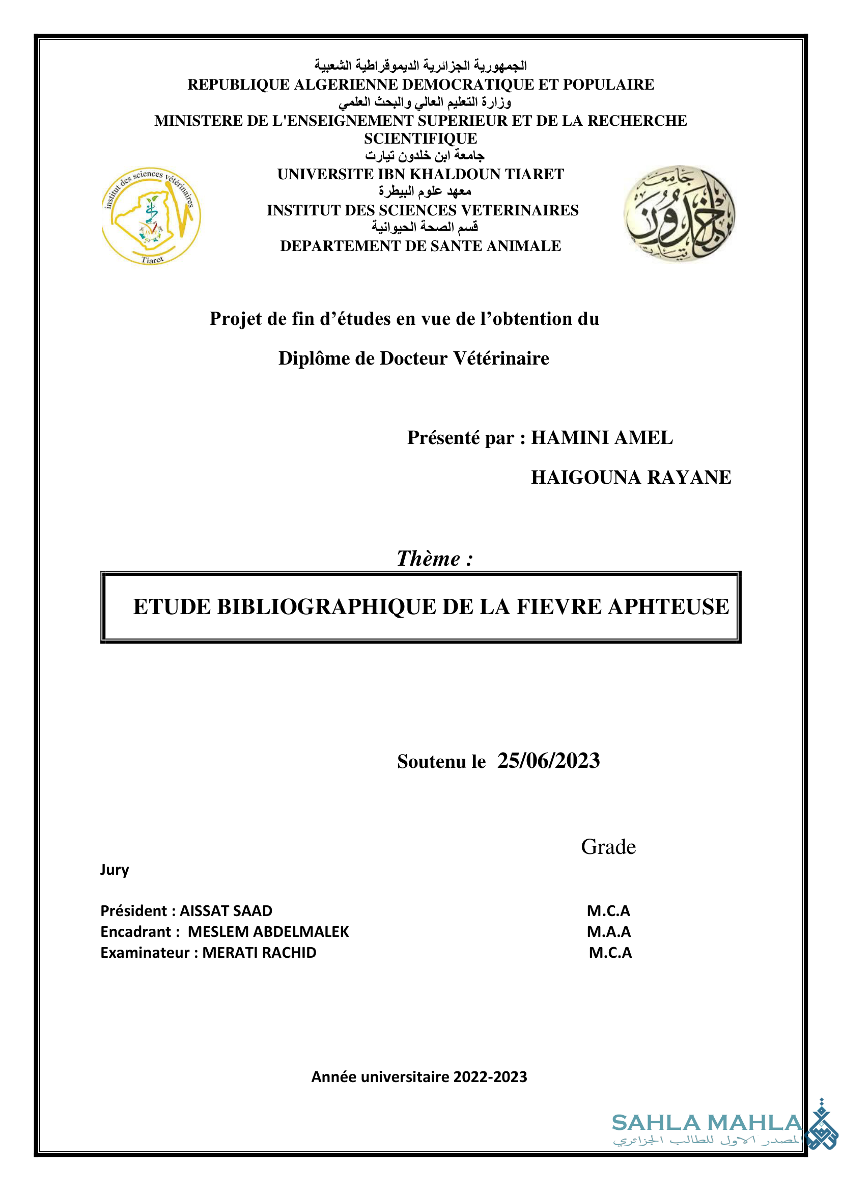 ETUDE BIBLIOGRAPHIQUE DE LA FIEVRE APHTEUSE