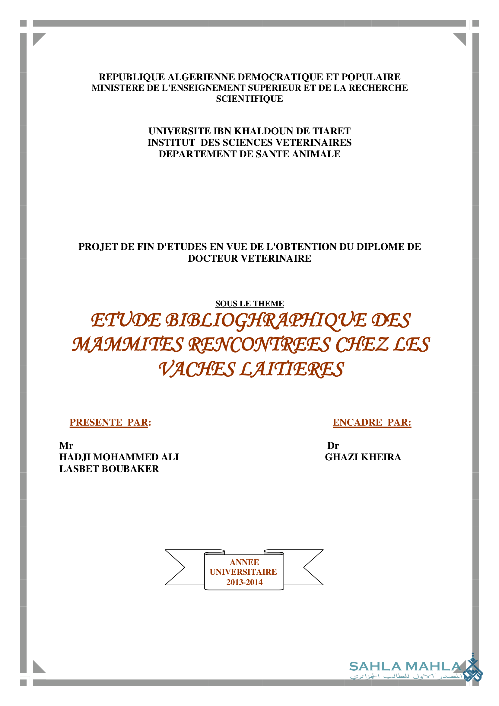 ETUDE BIBLIOGRAPHIQUE DES MAMMITES RENCONTREES CHEZ LES VACHES LAITIERES