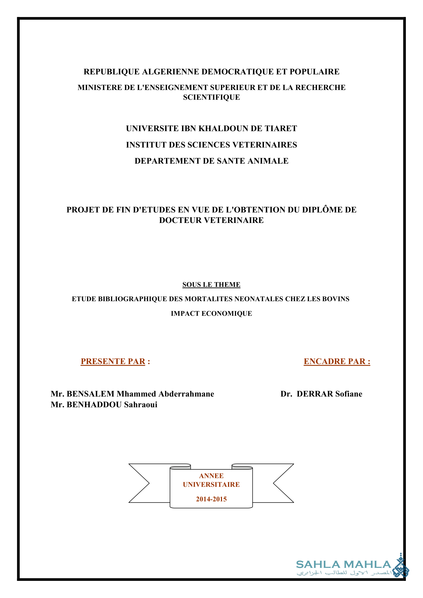 ETUDE BIBLIOGRAPHIQUE DES MORTALITES NEONATALES CHEZ LES BOVINS IMPACT ECONOMIQUE