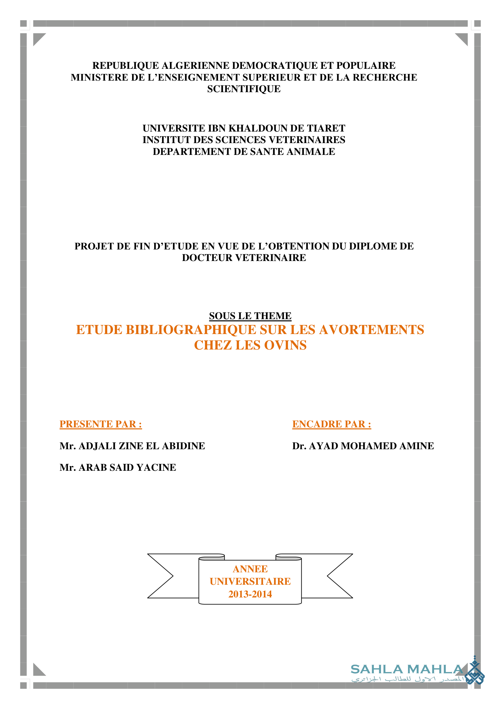 ETUDE BIBLIOGRAPHIQUE SUR LES AVORTEMENTS CHEZ LES OVINS