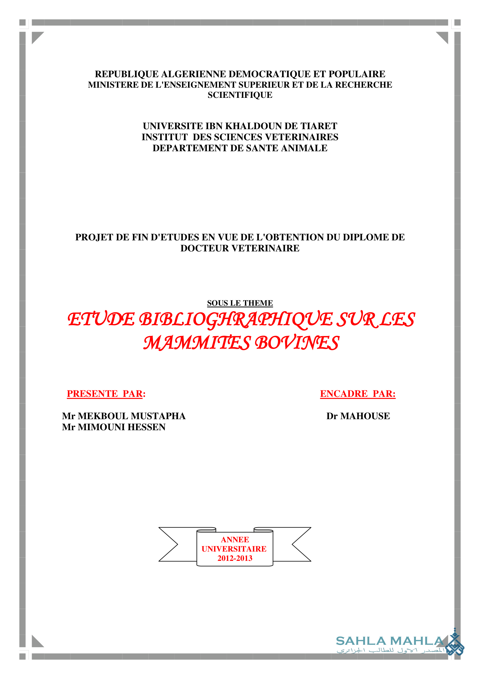 ETUDE BIBLIOGRAPHIQUE SUR LES MAMMITES BOVINES