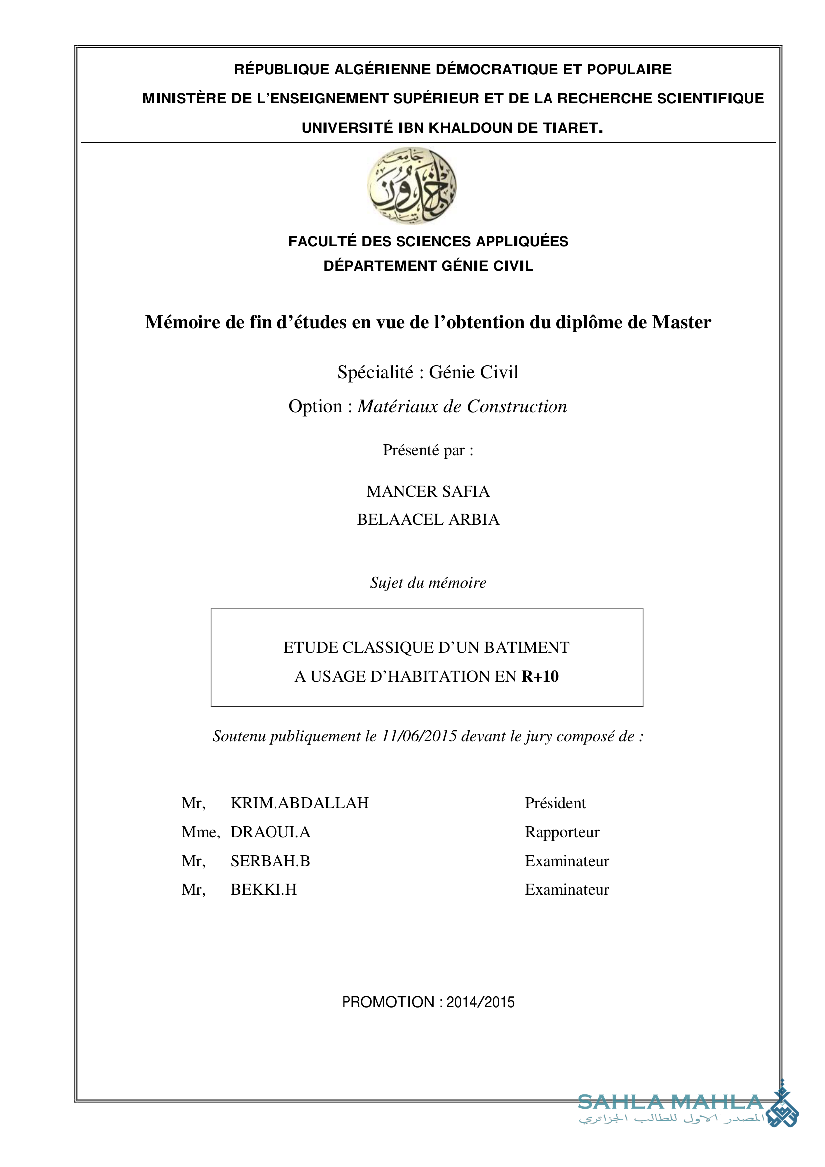 ETUDE CLASSIQUE D'UN BATIMENT A USAGE D'HABITATION EN R+10