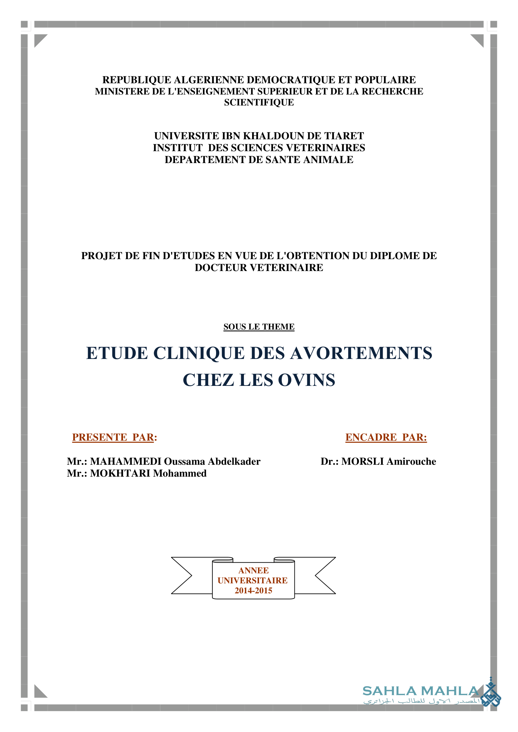 ETUDE CLINIQUE DES AVORTEMENTS CHEZ LES OVINS