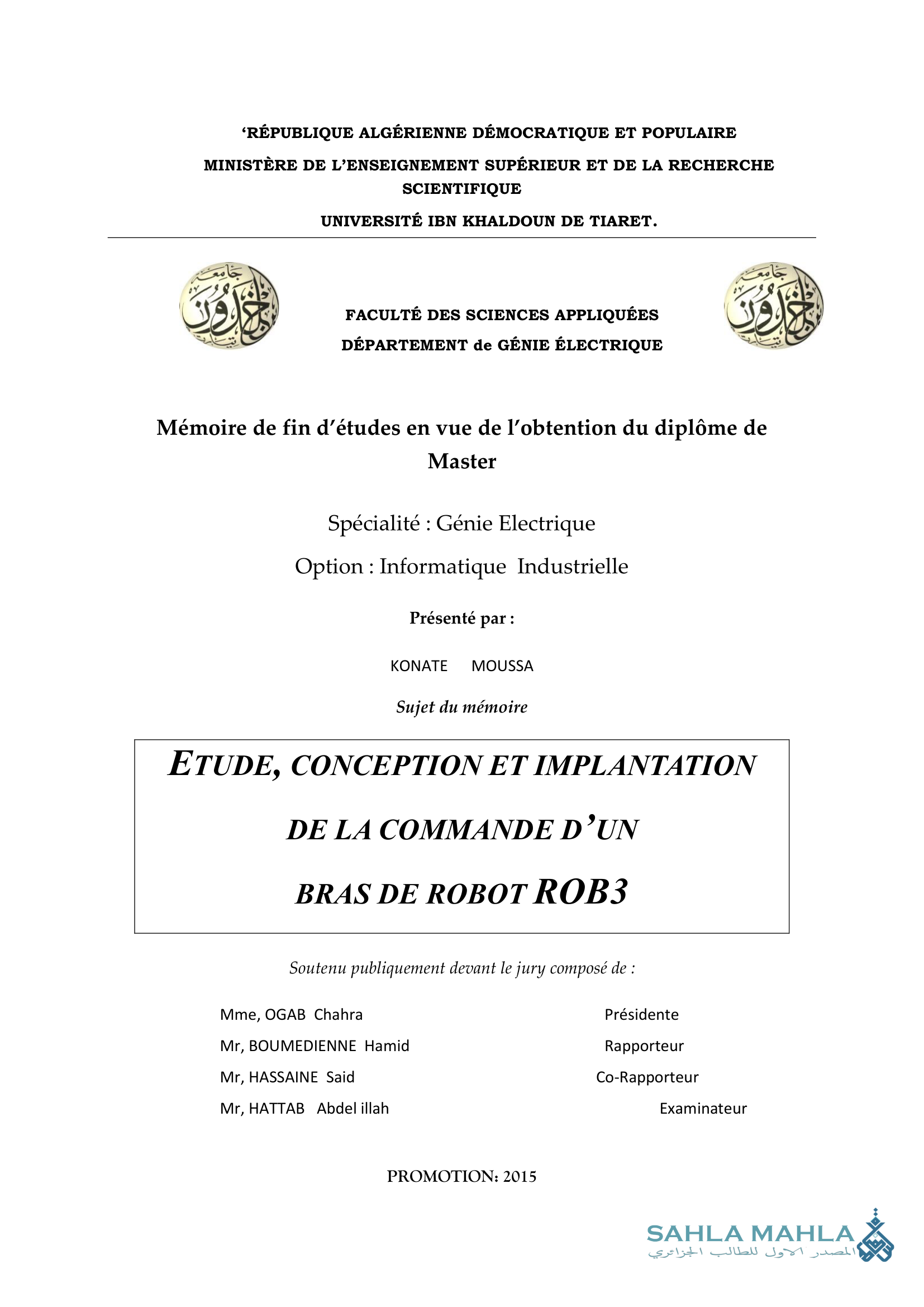 ETUDE, CONCEPTION ET IMPLANTATION DE LA COMMANDE D'UN BRAS DE ROBOT ROB3