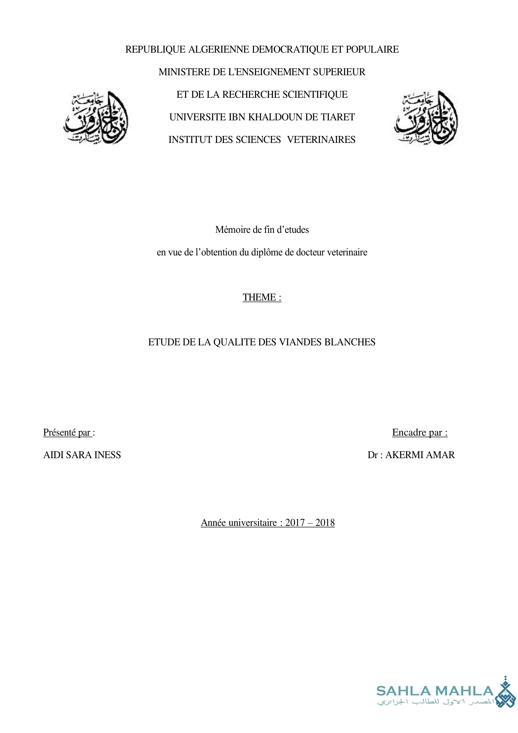 ETUDE DE LA QUALITE DES VIANDES BLANCHES