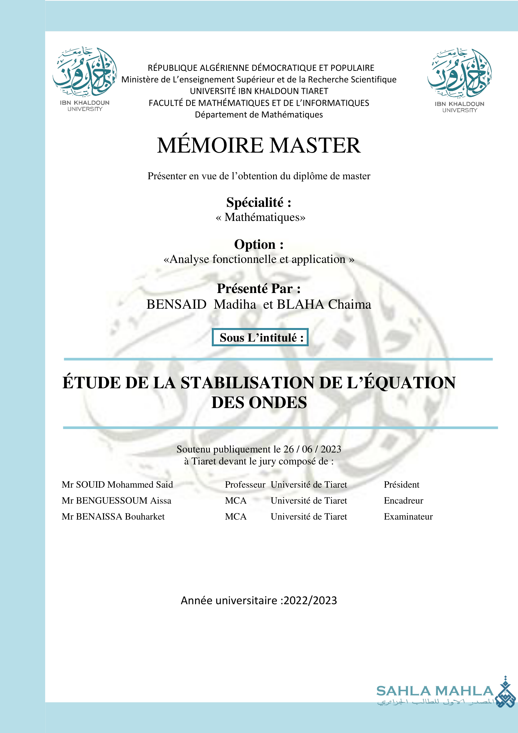 ÉTUDE DE LA STABILISATION DE L'ÉQUATION DES ONDES