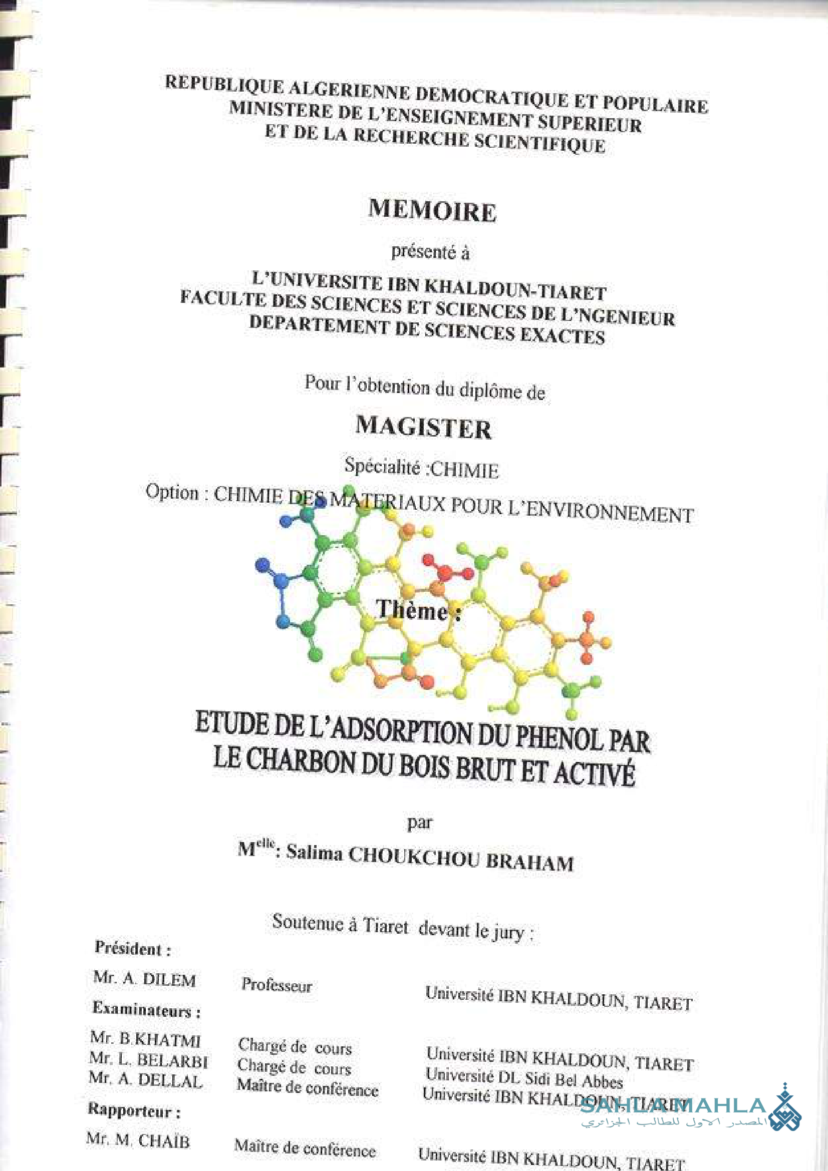 ETUDE DE L'ADSORPTION DU PHENOL PAR LE CHARBON DU BOIS BRUT ET ACTIVÉ